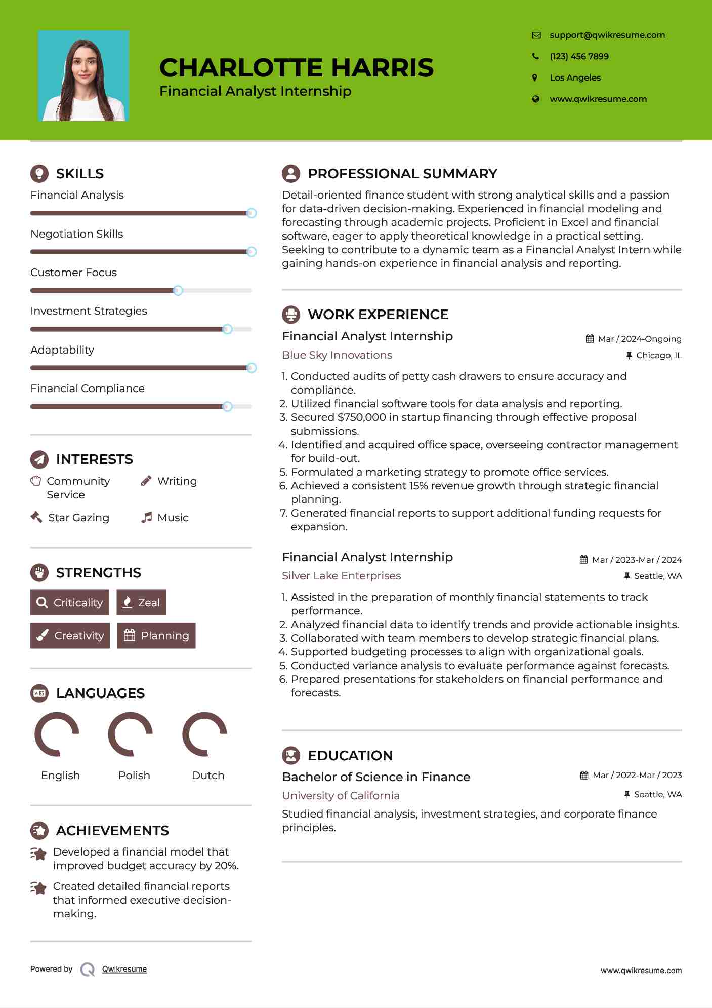 Financial Analyst Internship Resume Example