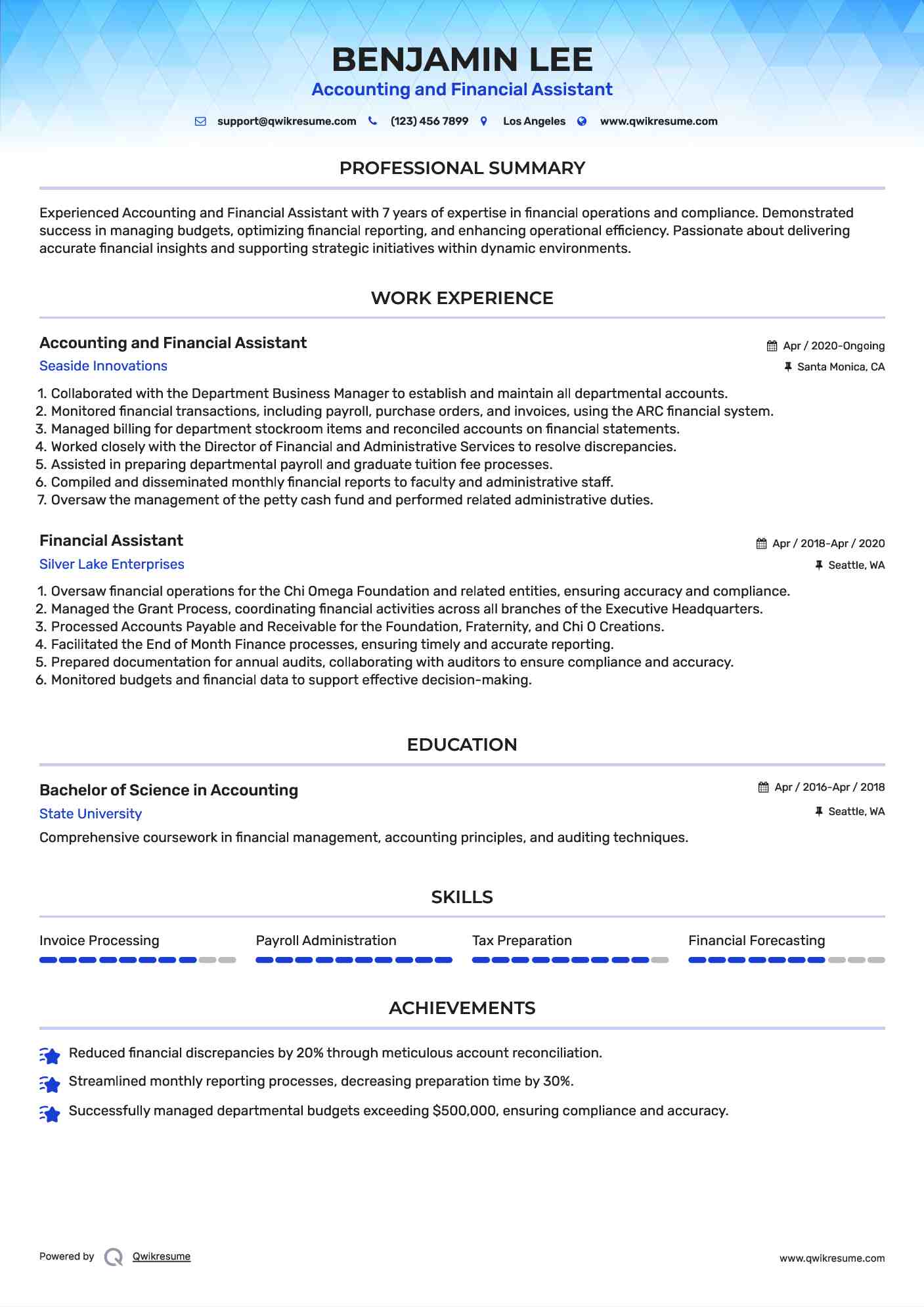 Accounting and Financial Assistant Resume Sample