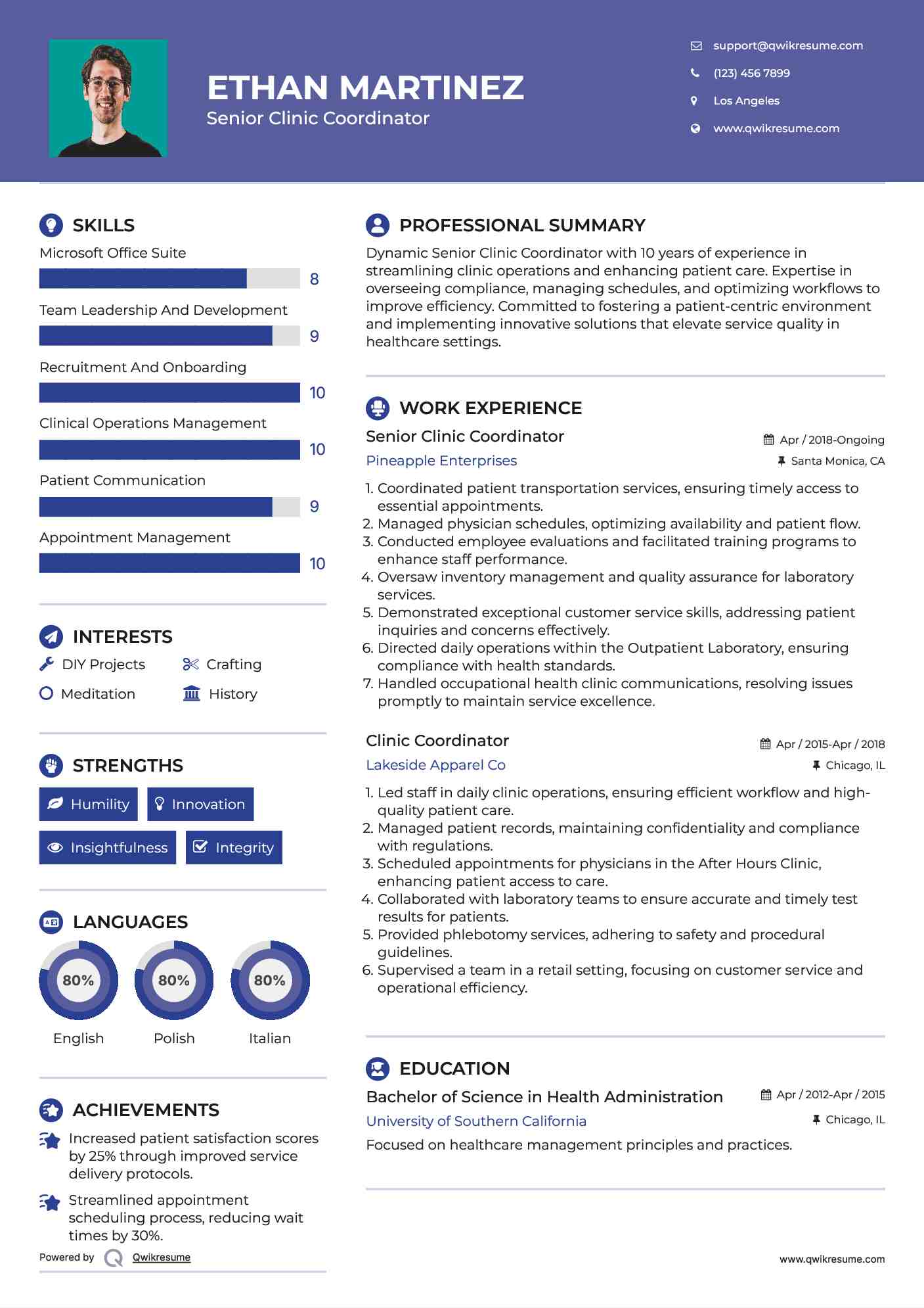 Senior Clinic Coordinator Resume Example