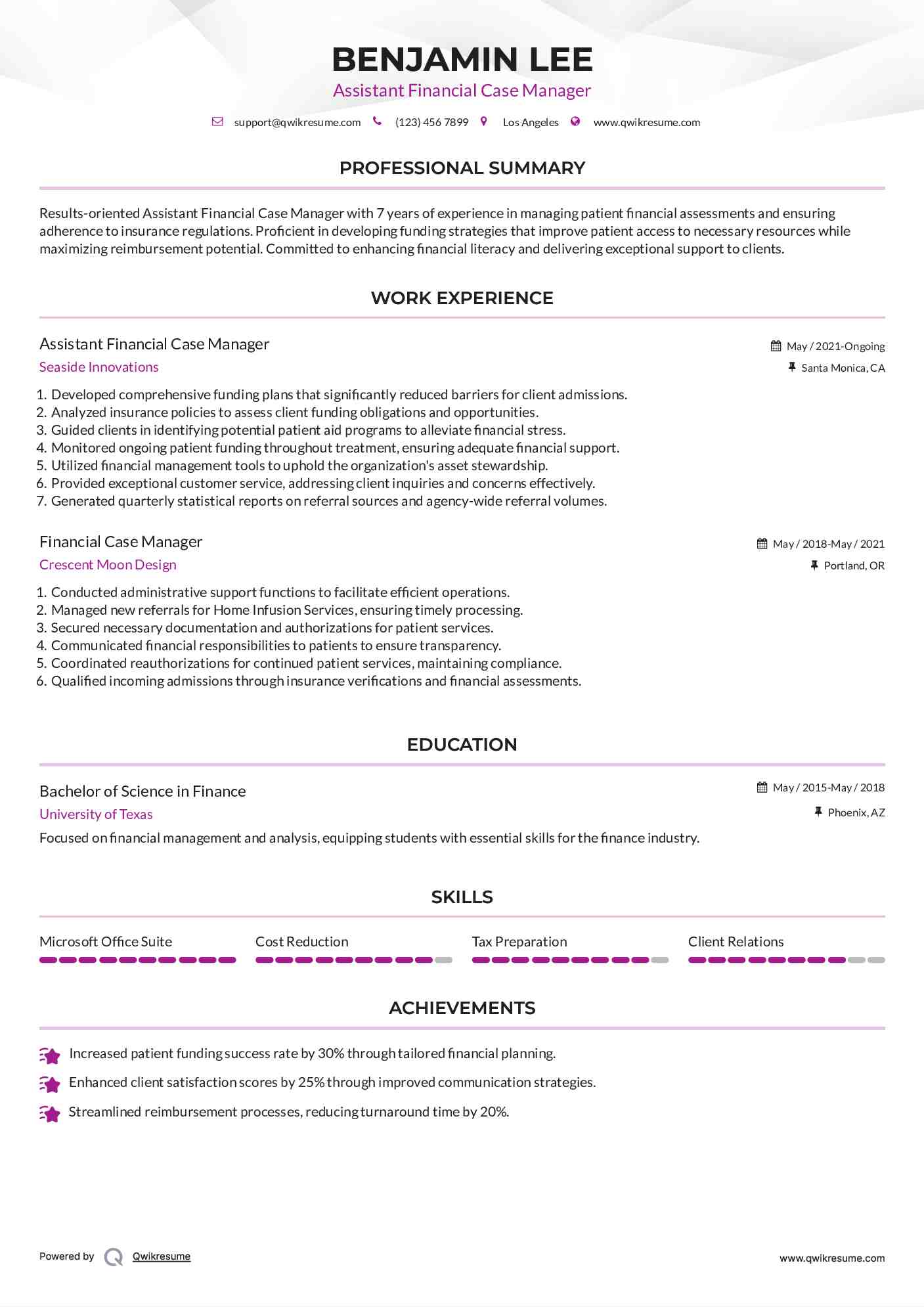 Assistant Financial Case Manager Resume Example