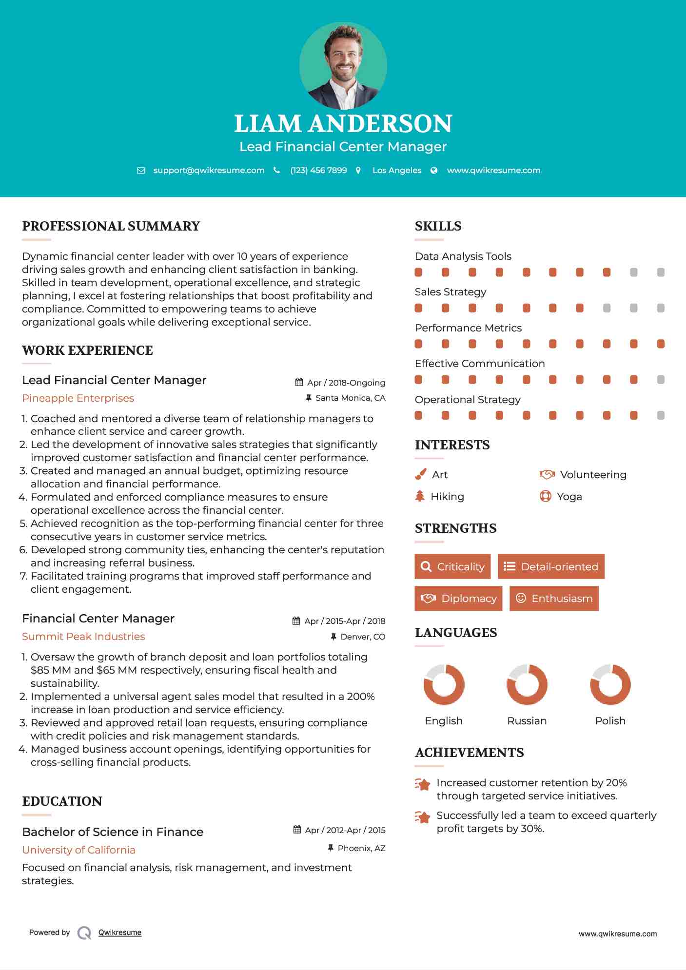 Lead Financial Center Manager Resume Template