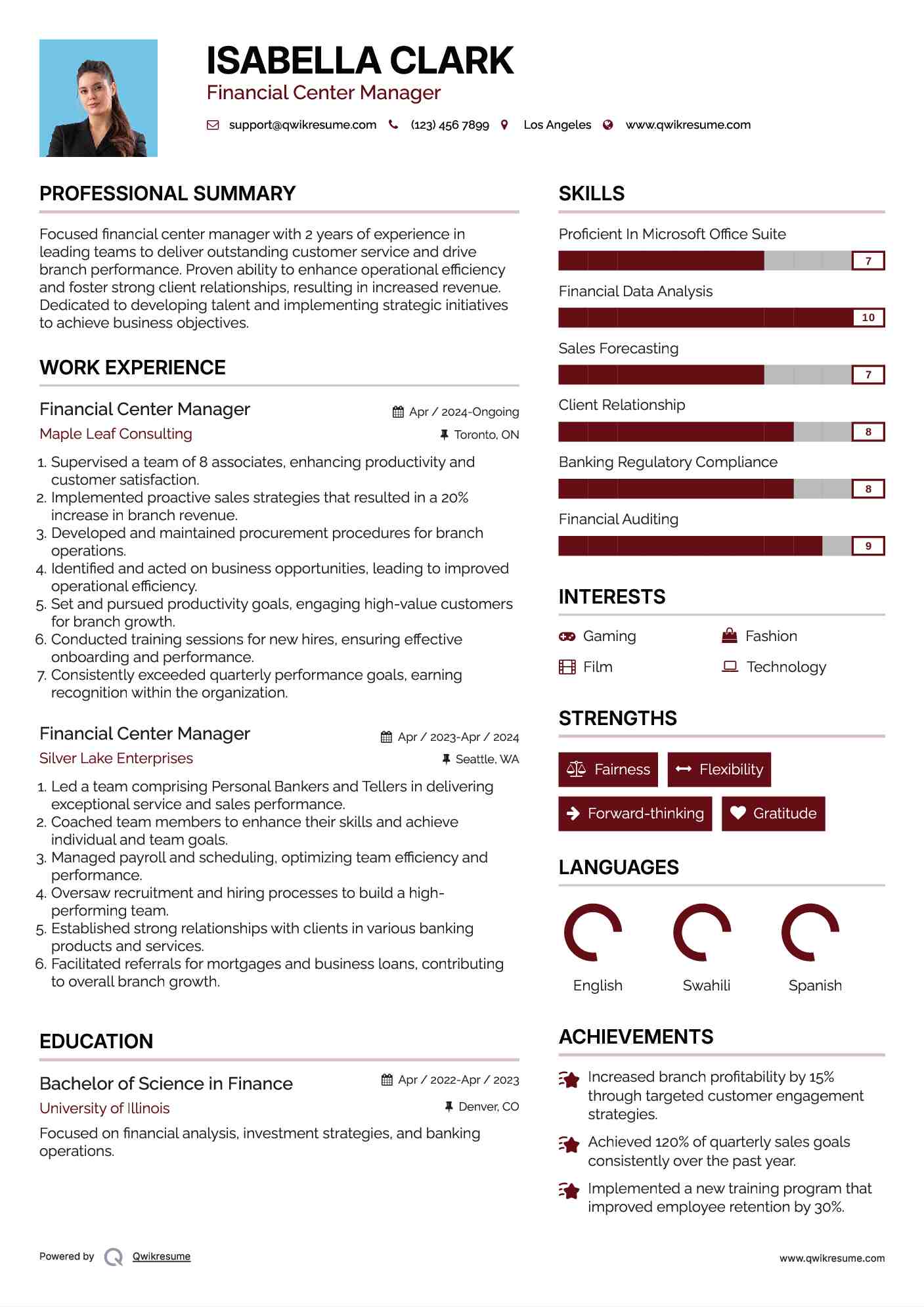 Financial Center Manager Resume Example