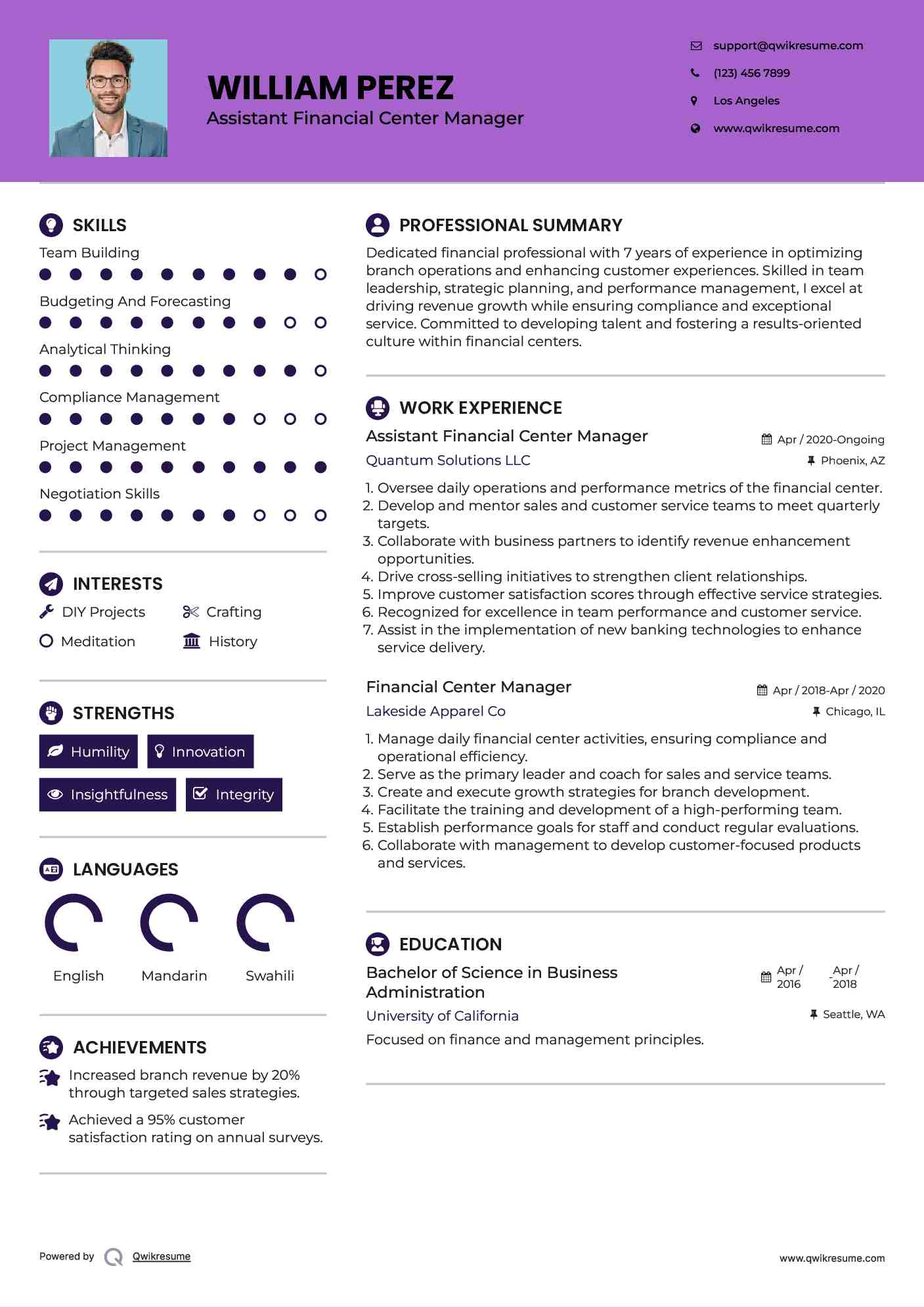 Assistant Financial Center Manager Resume Template