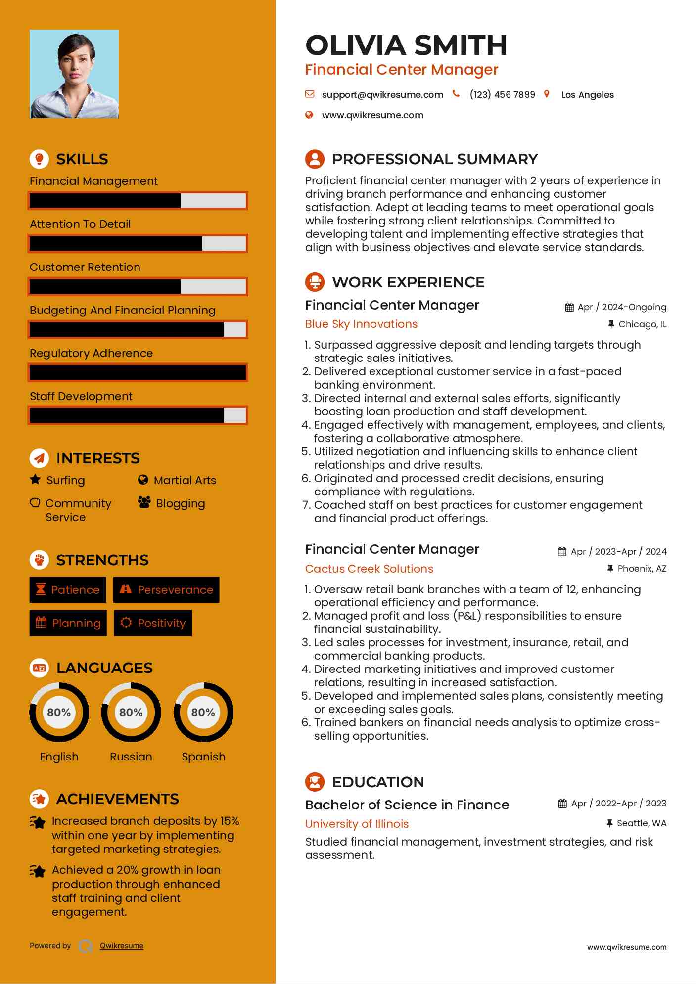 Financial Center Manager Resume Sample