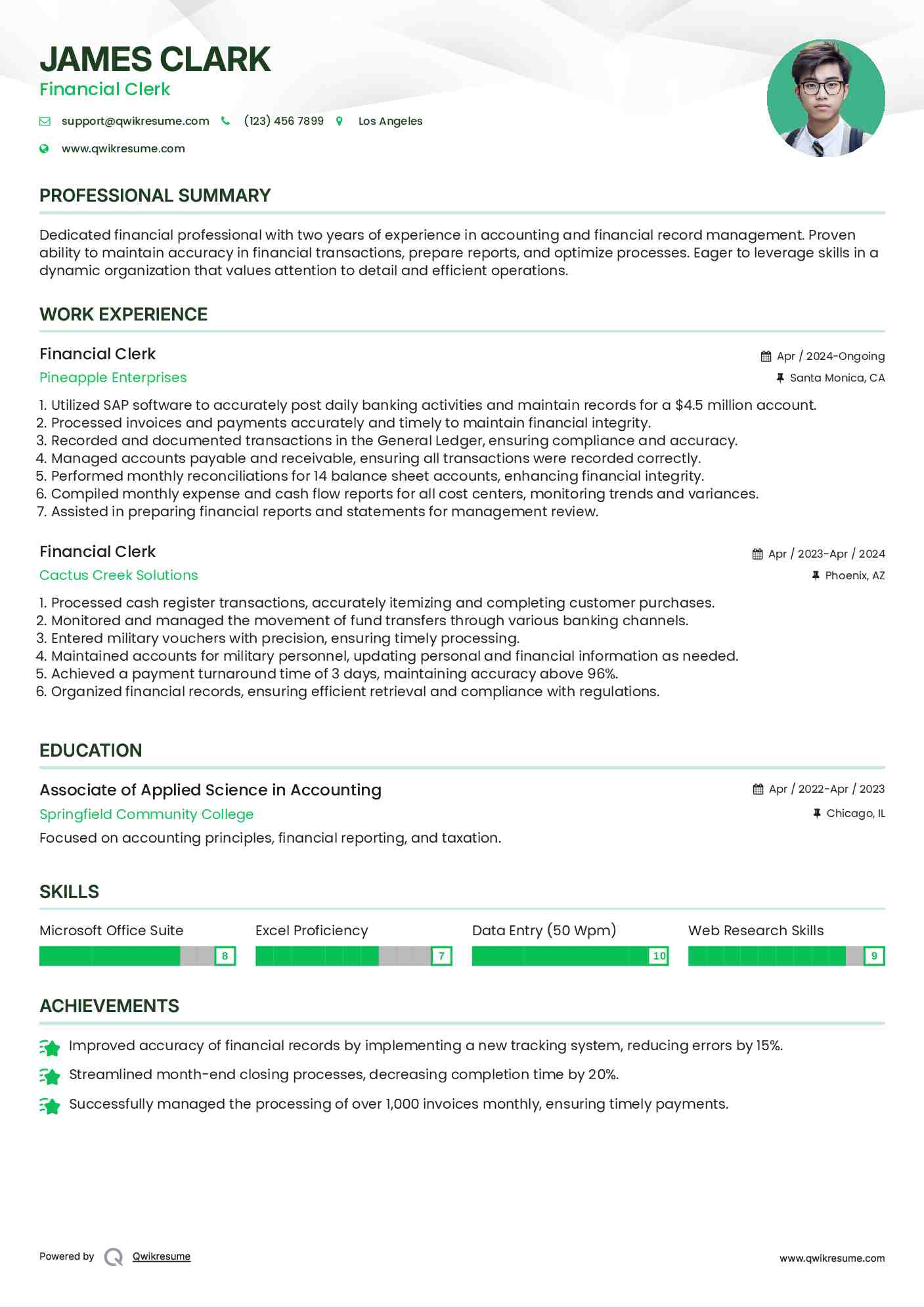 Financial Clerk Resume Format