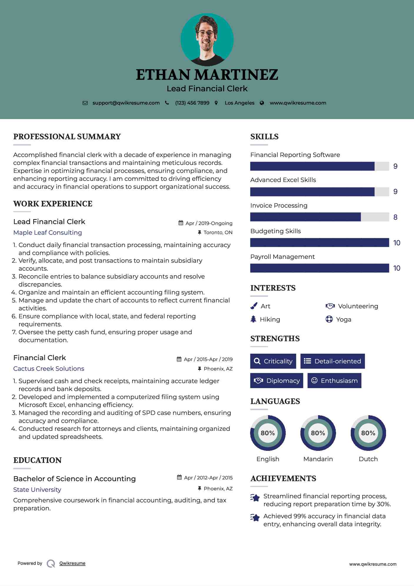 Lead Financial Clerk Resume Example