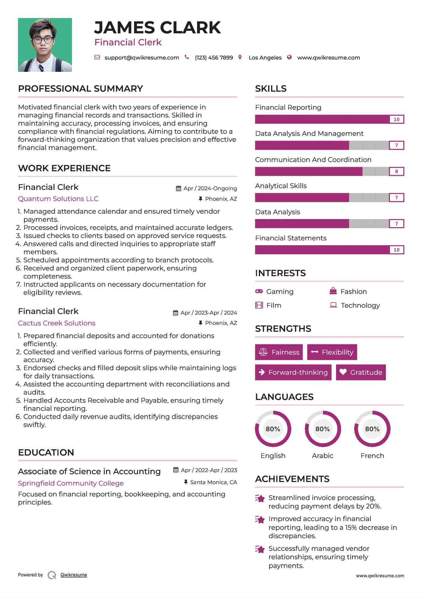Financial Clerk Resume Sample