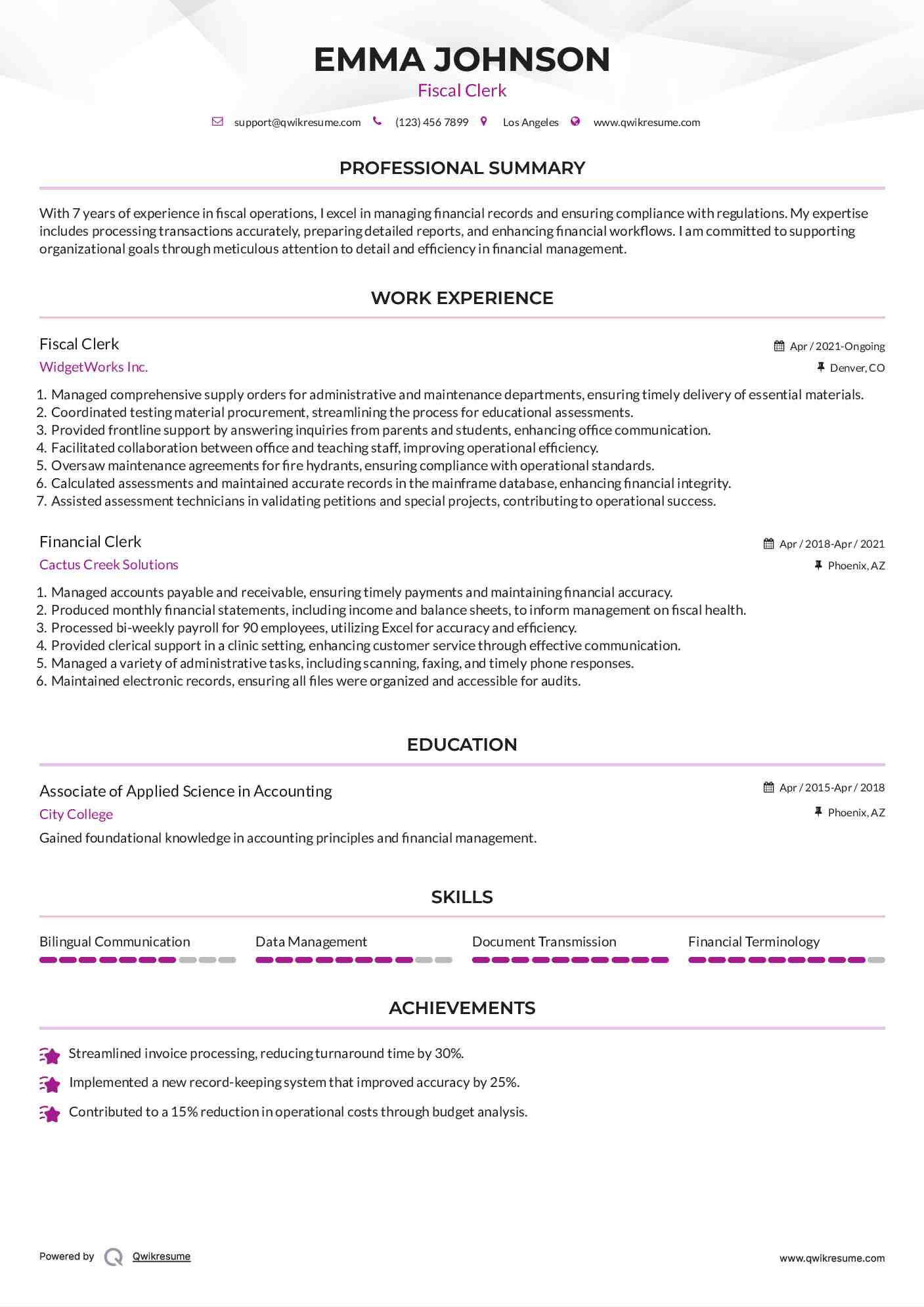 Fiscal Clerk Resume Example