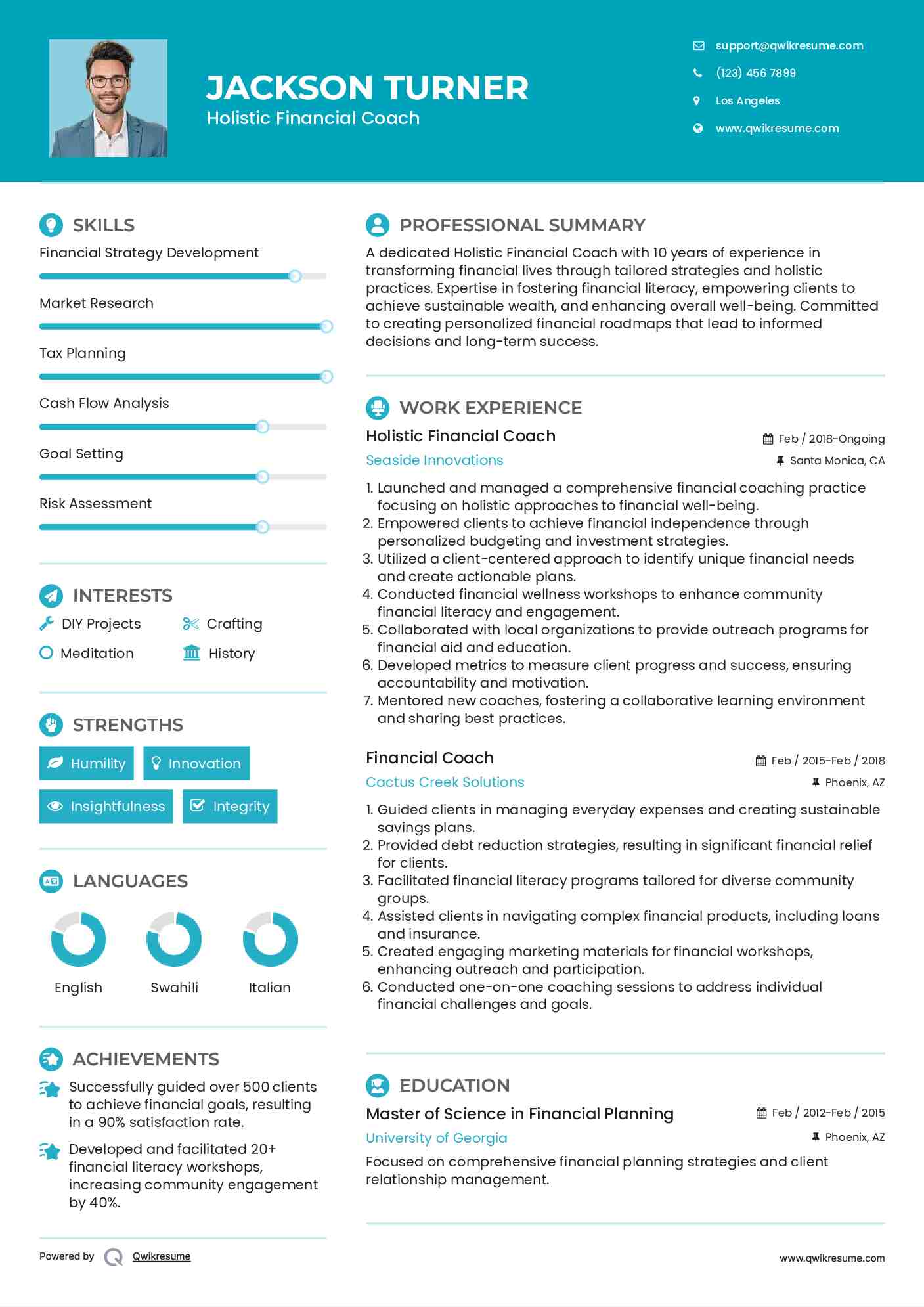 Holistic Financial Coach Resume Sample