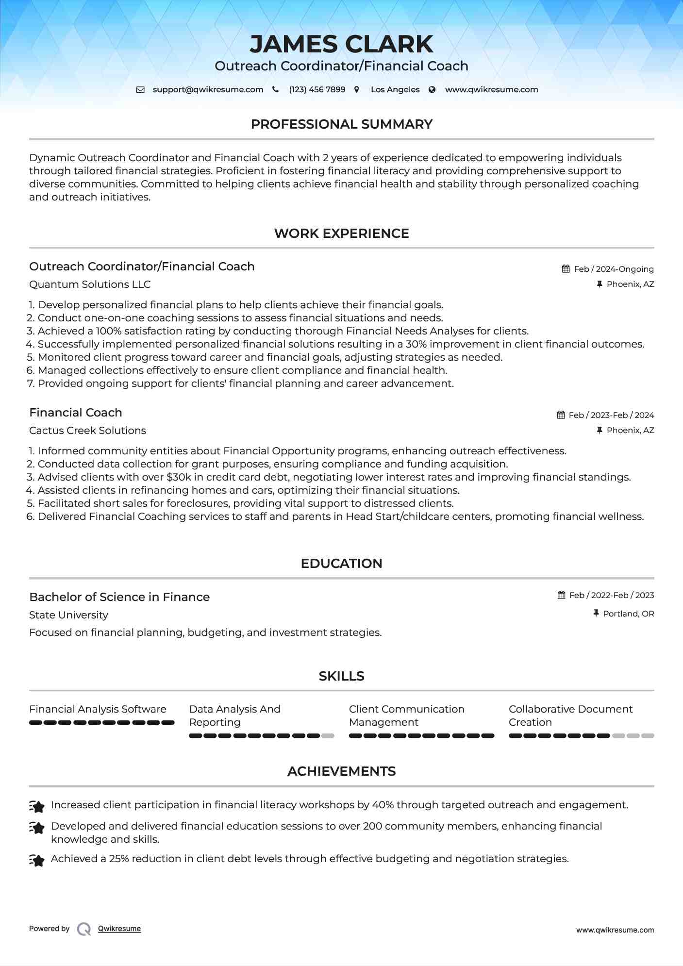 Outreach Coordinator/Financial Coach Resume Model