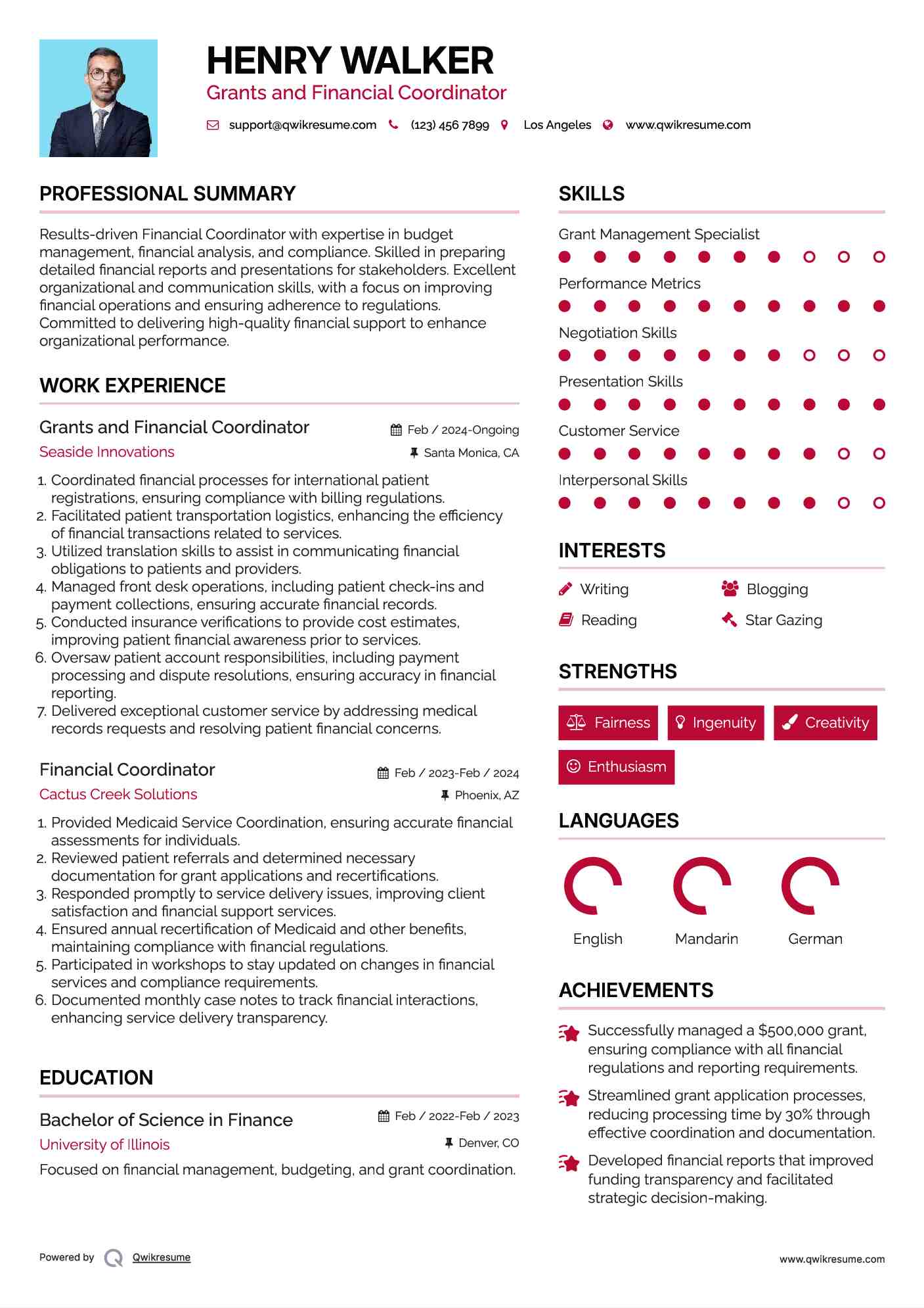Grants and Financial Coordinator Resume Template