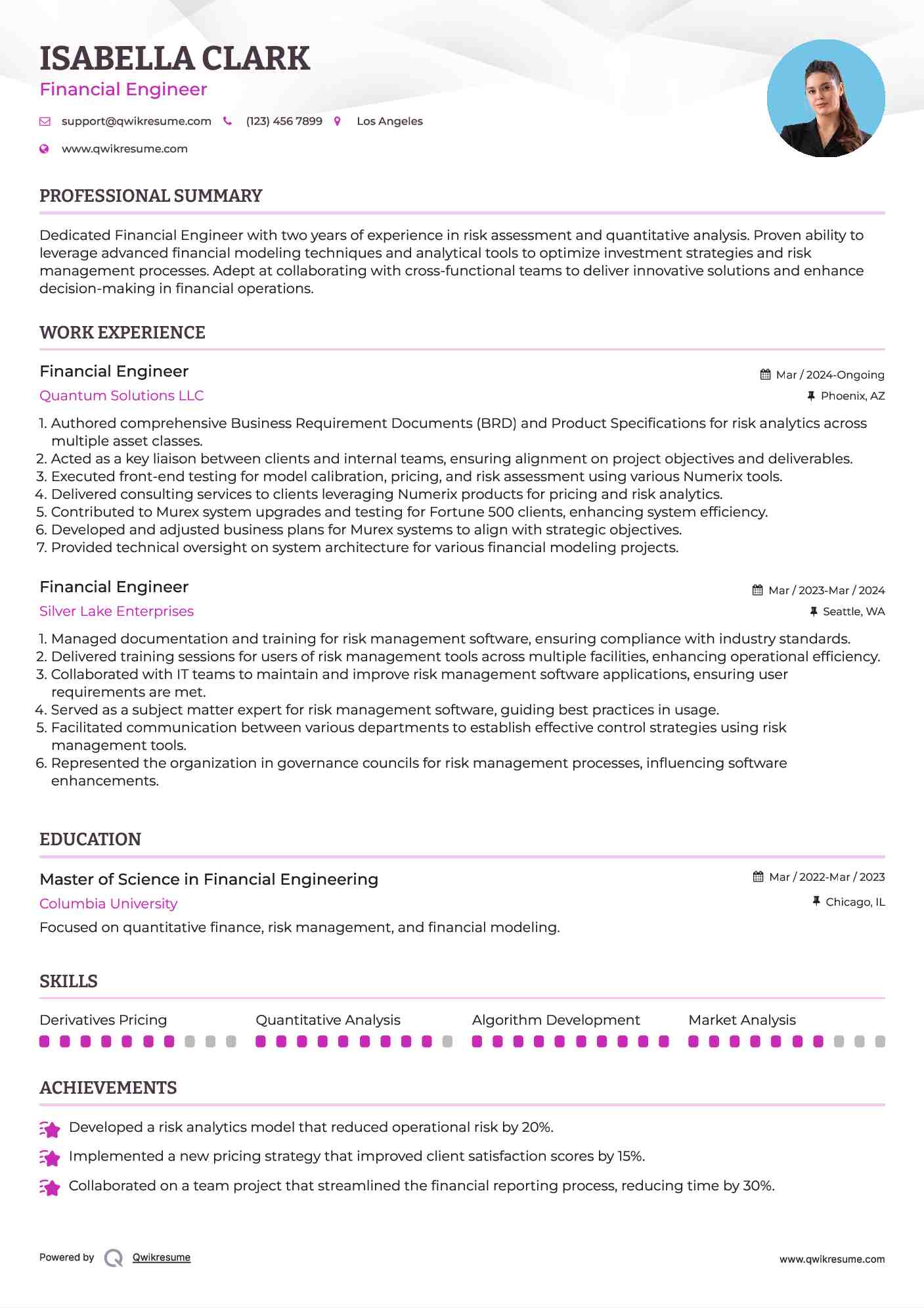 Financial Engineer Resume Example