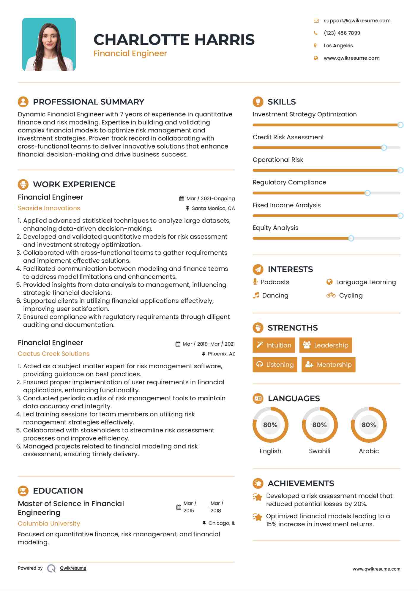 Financial Engineer Resume Sample