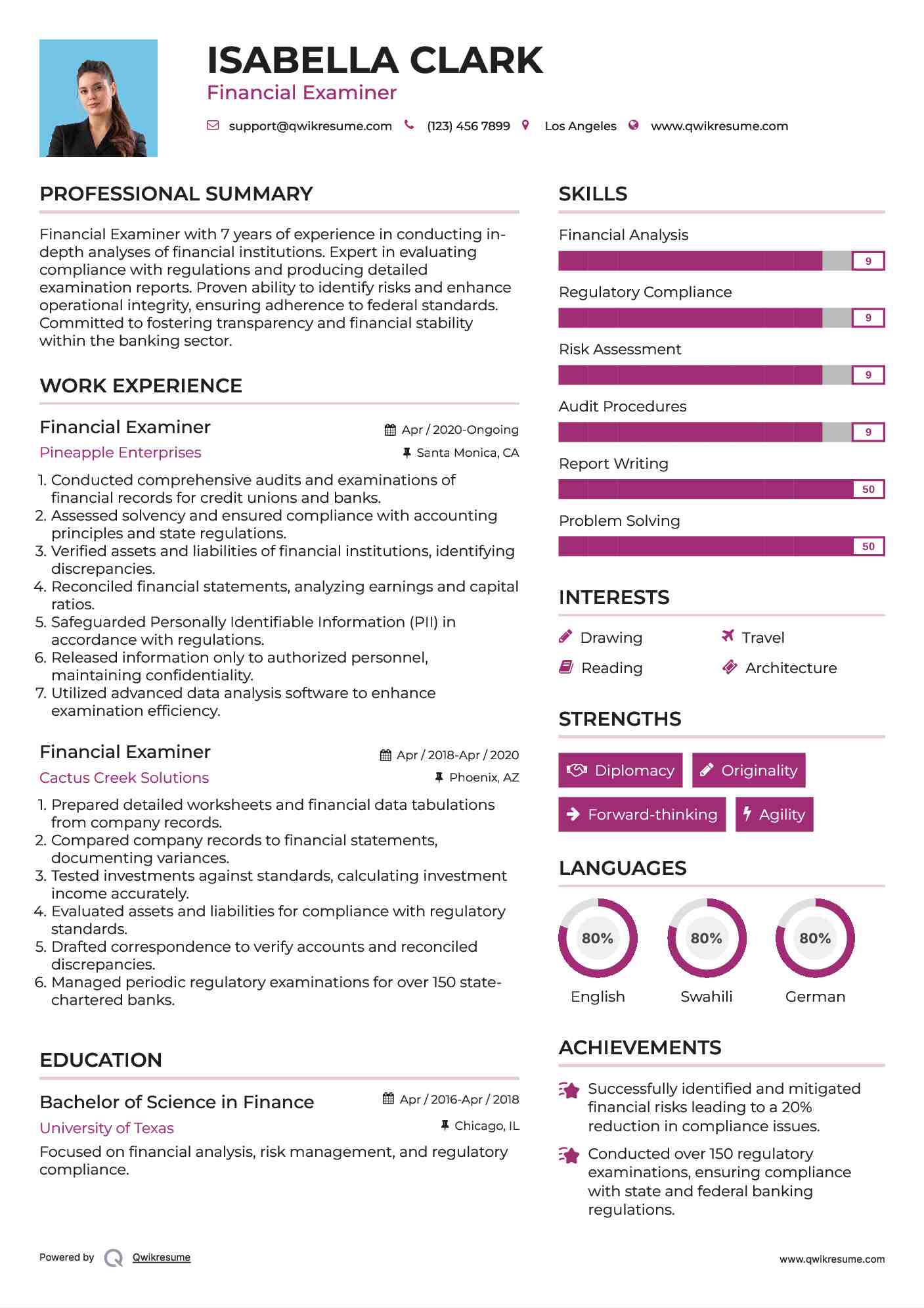 Financial Examiner Resume Sample