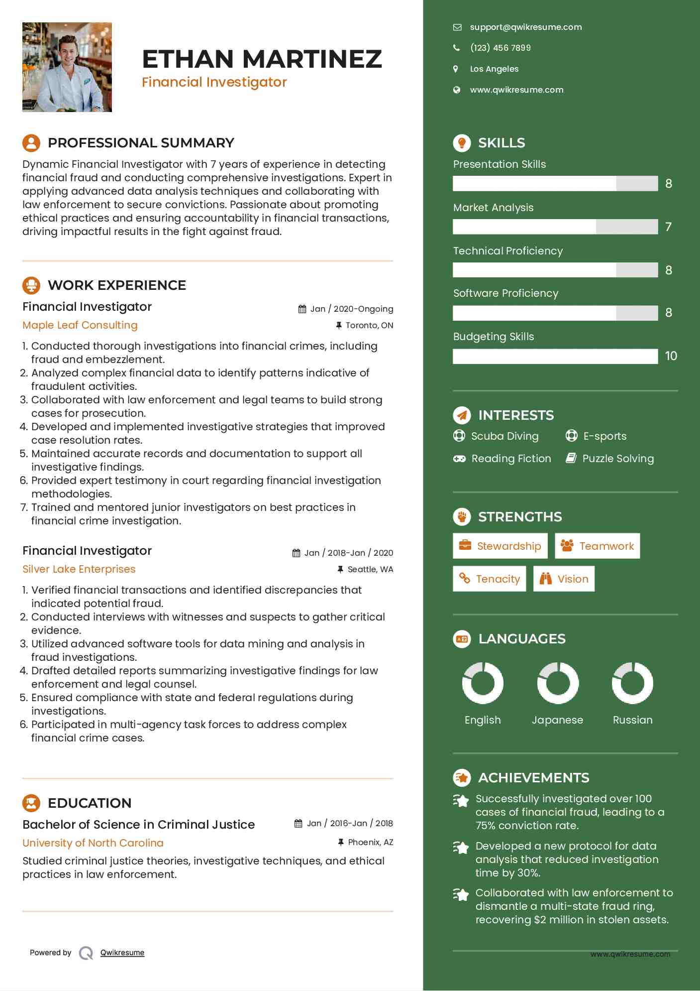 Financial Investigator Resume Sample