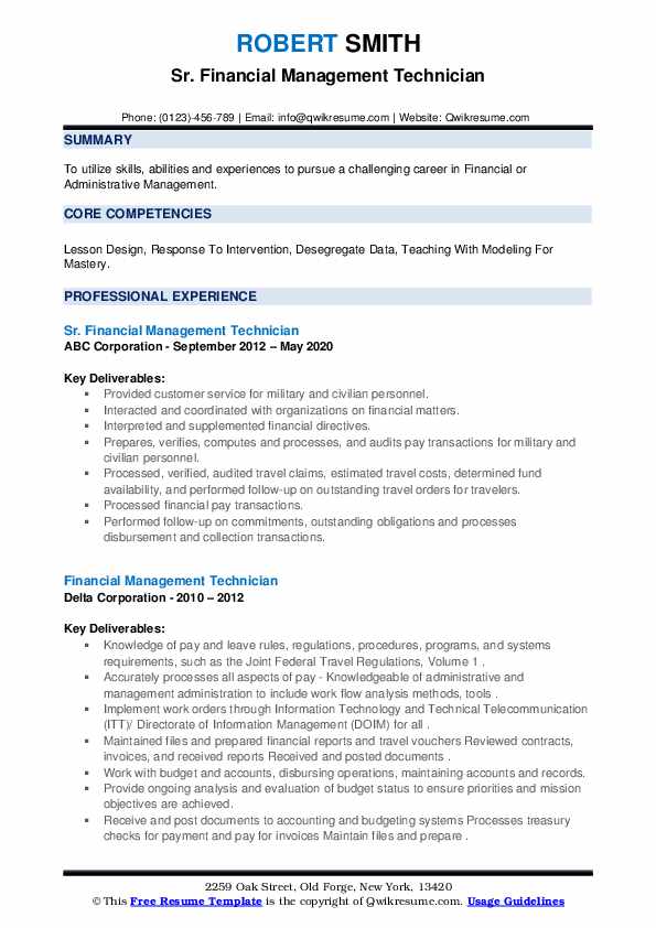 Financial Management Technician Resume Samples QwikResume