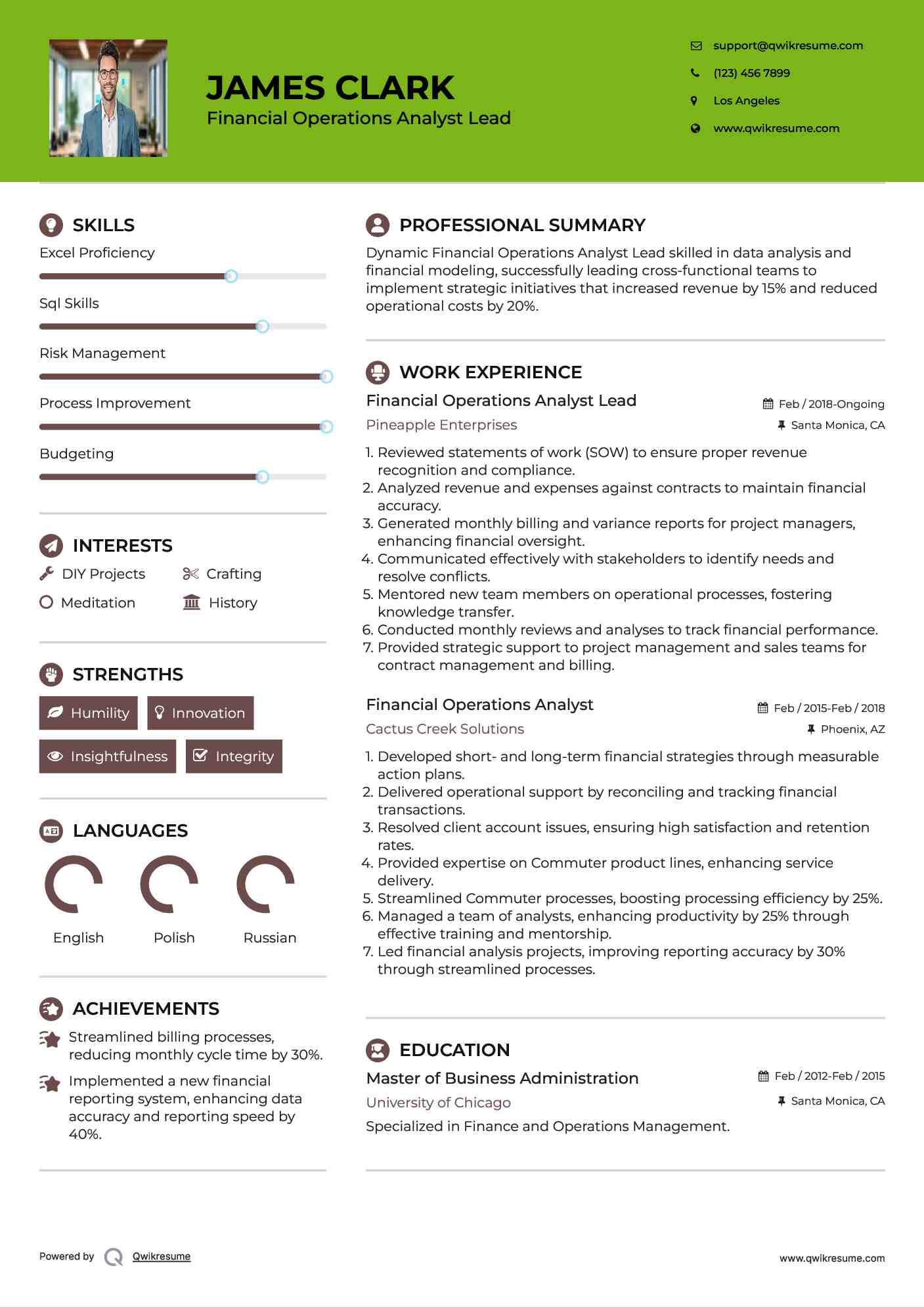 Financial Operations Analyst Lead Resume Template