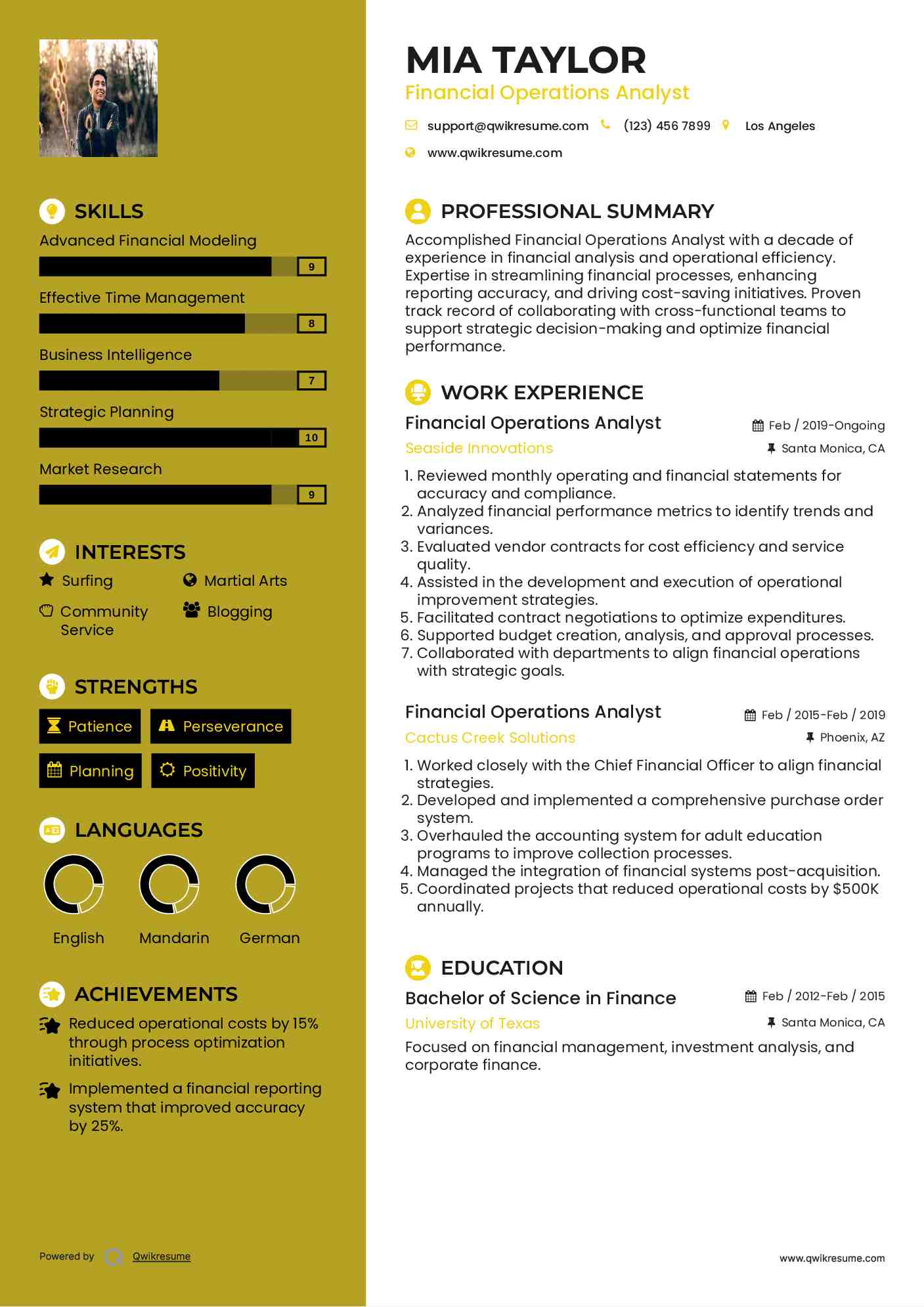 Financial Operations Analyst Resume Example