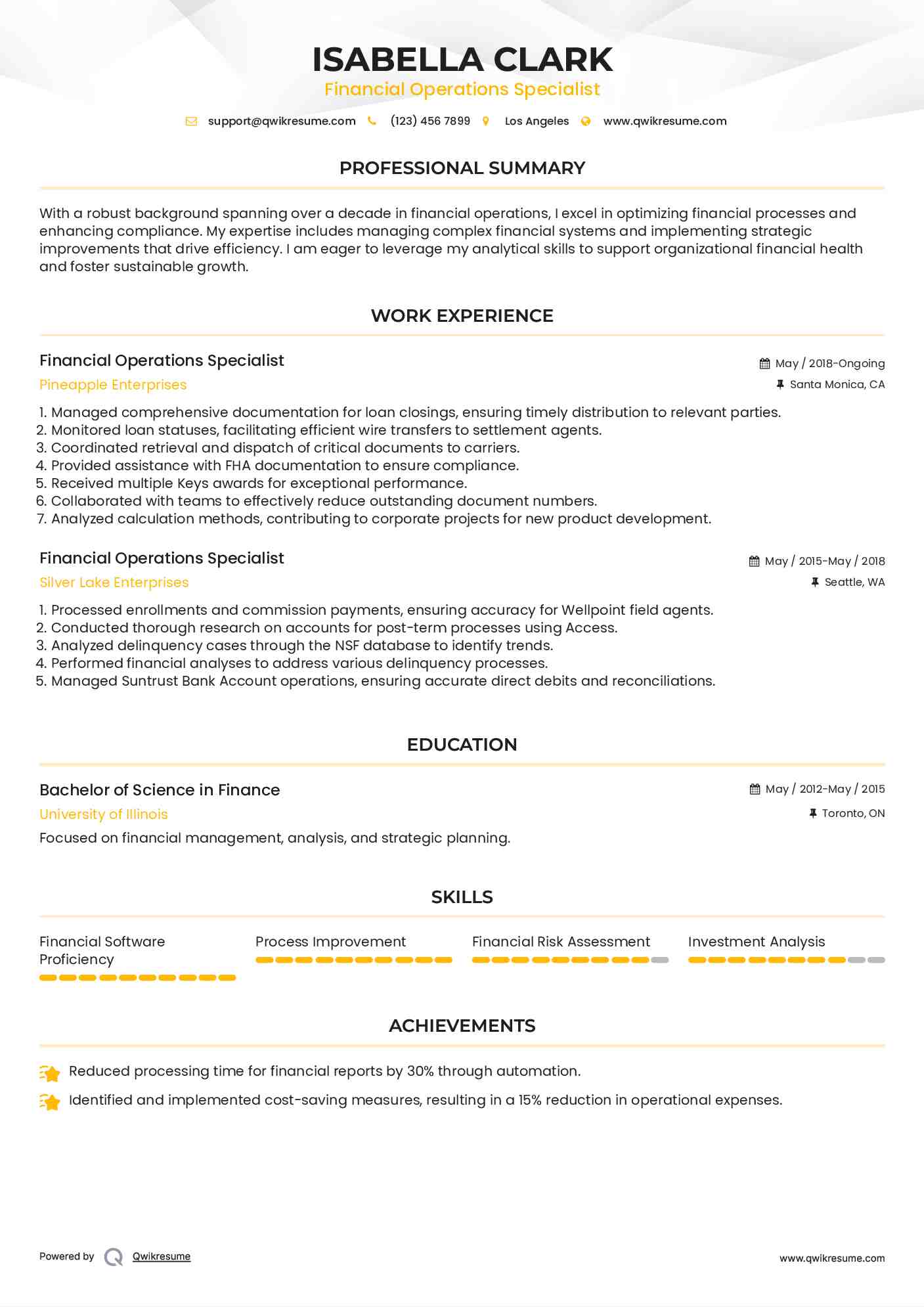 Financial Operations Specialist Resume Sample