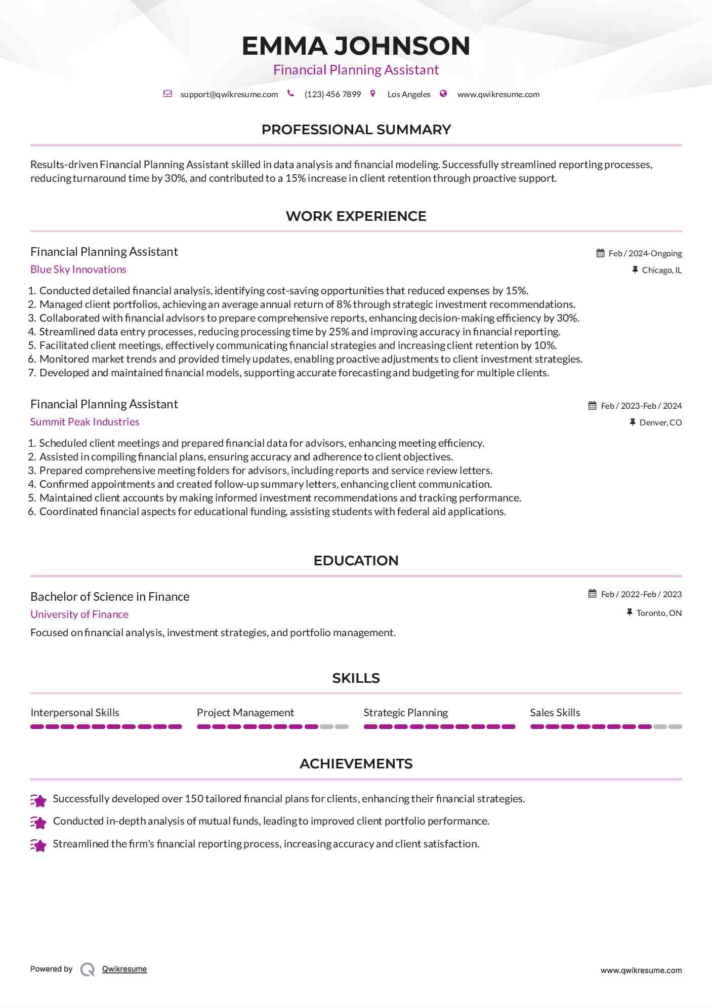 Financial Planning Assistant Resume Format