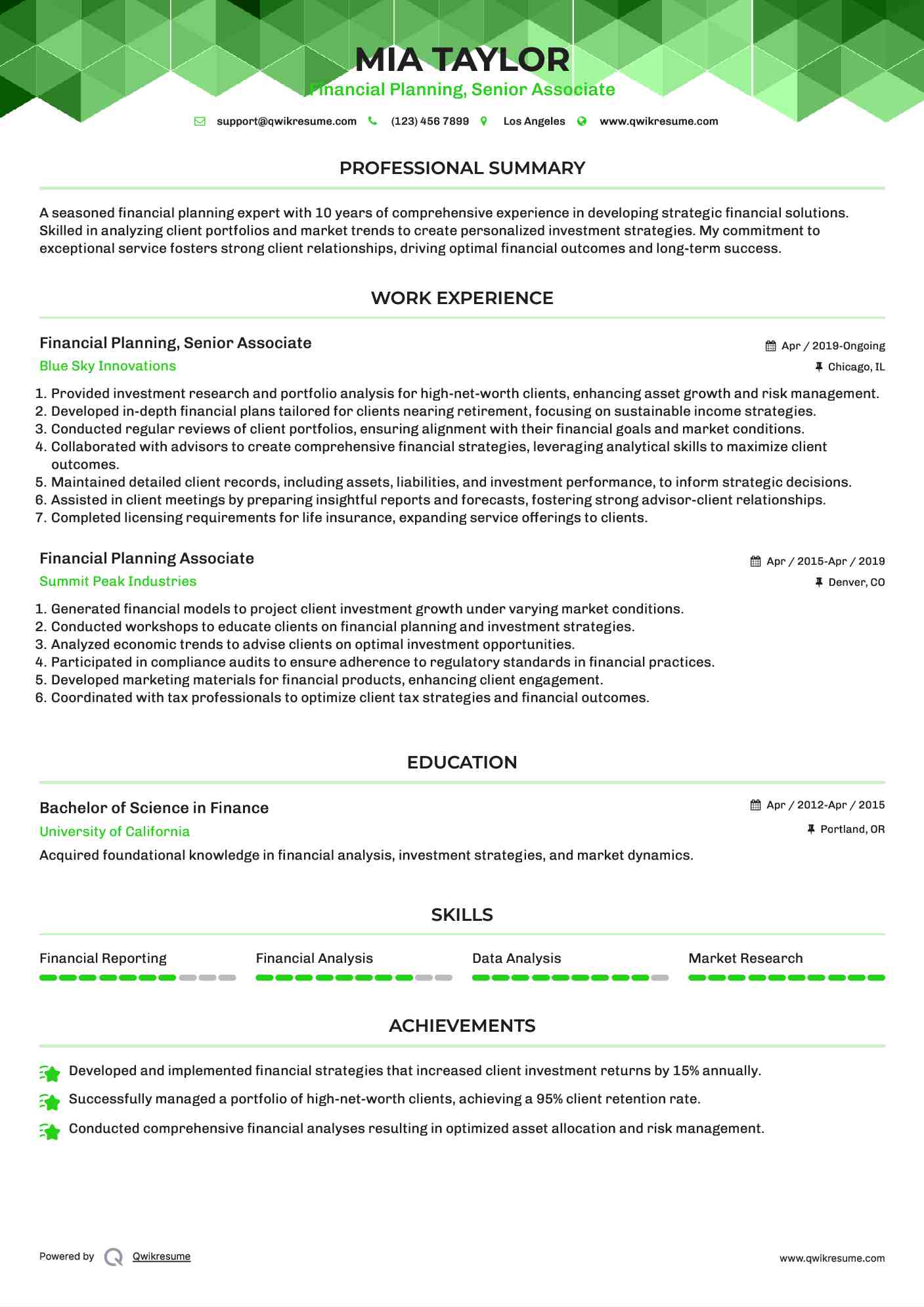 Financial Planning, Senior Associate
 Resume Example