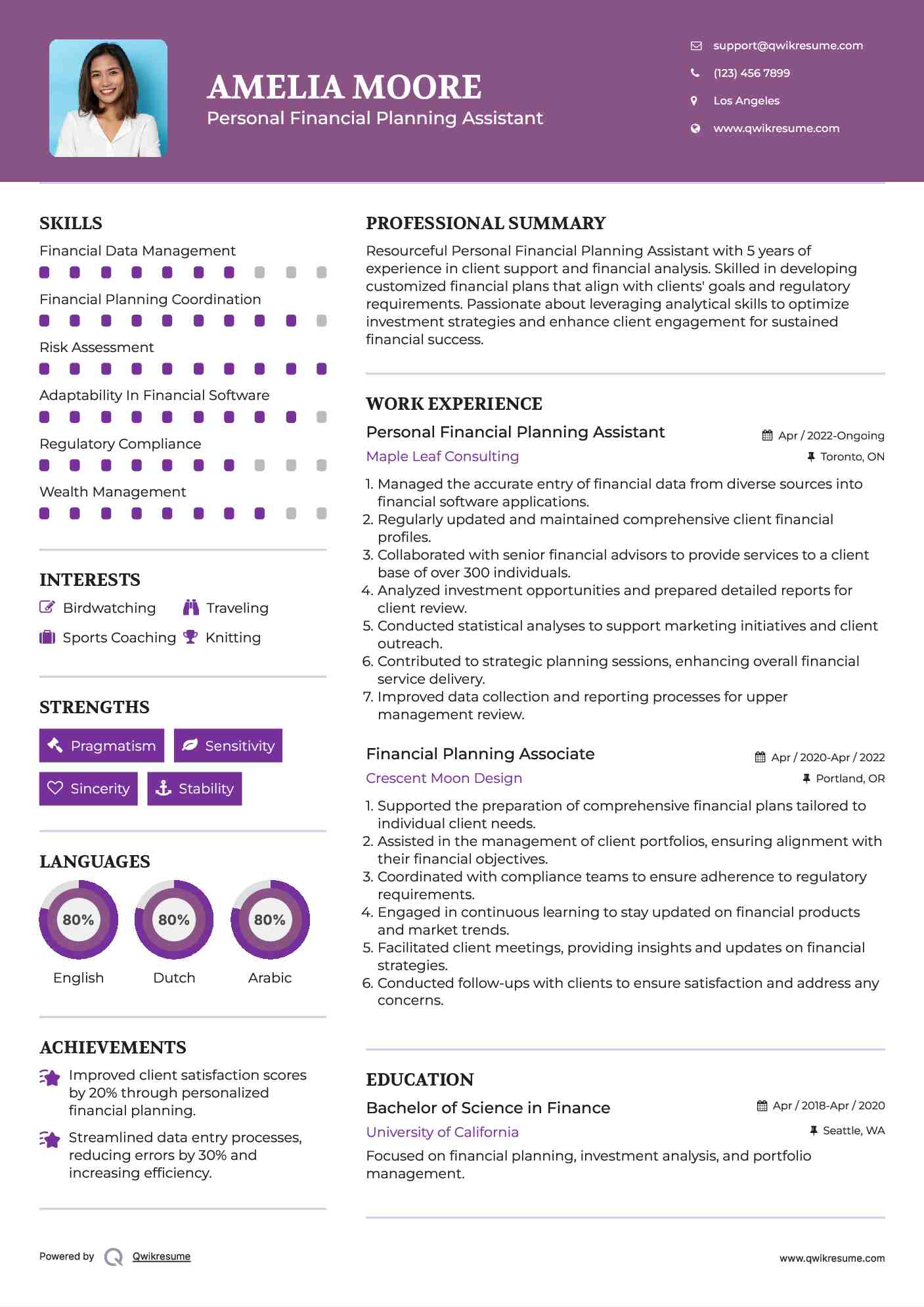 Personal Financial Planning Assistant Resume Example