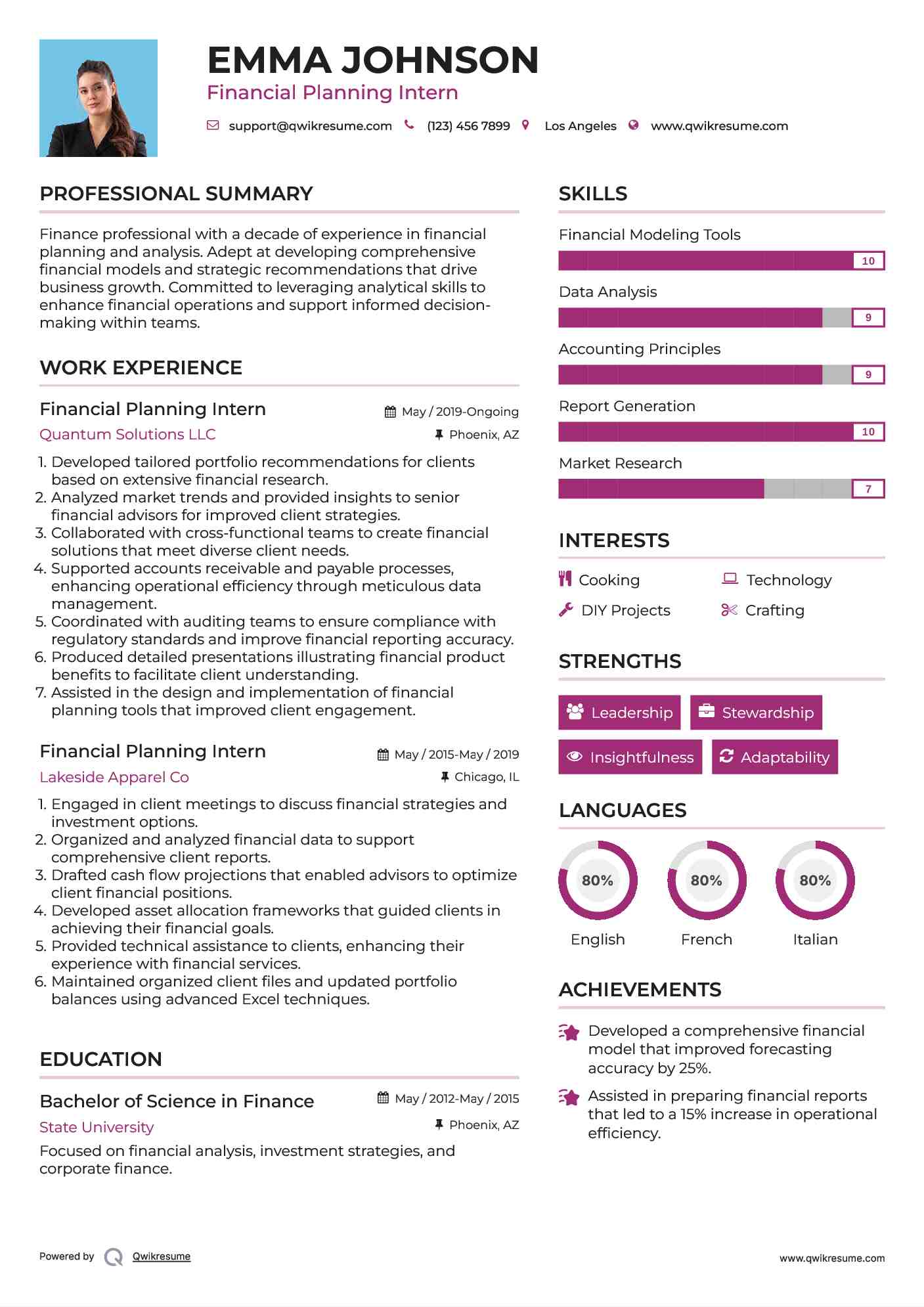 Financial Planning Intern Resume Sample