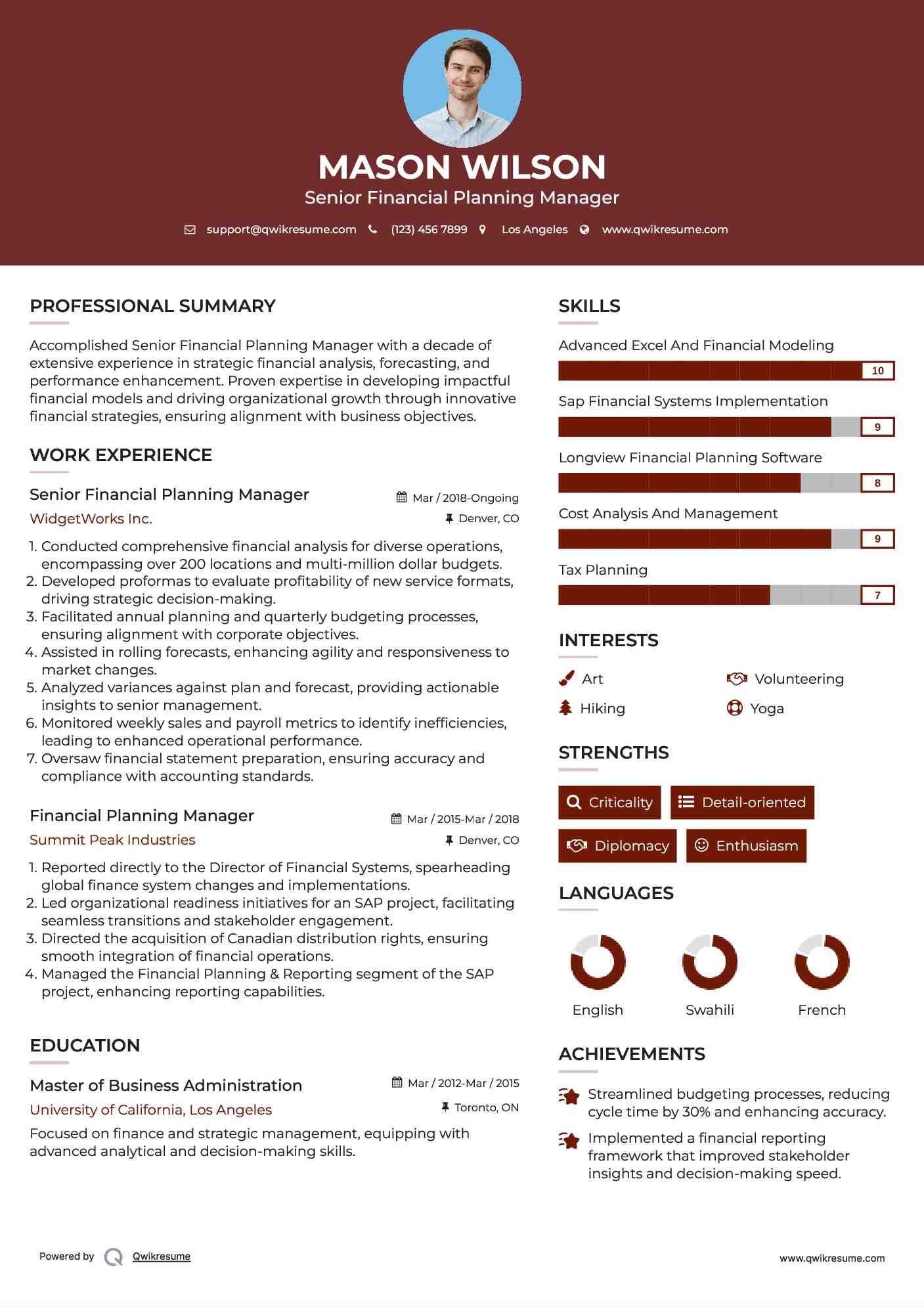 Senior Financial Planning Manager Resume Sample