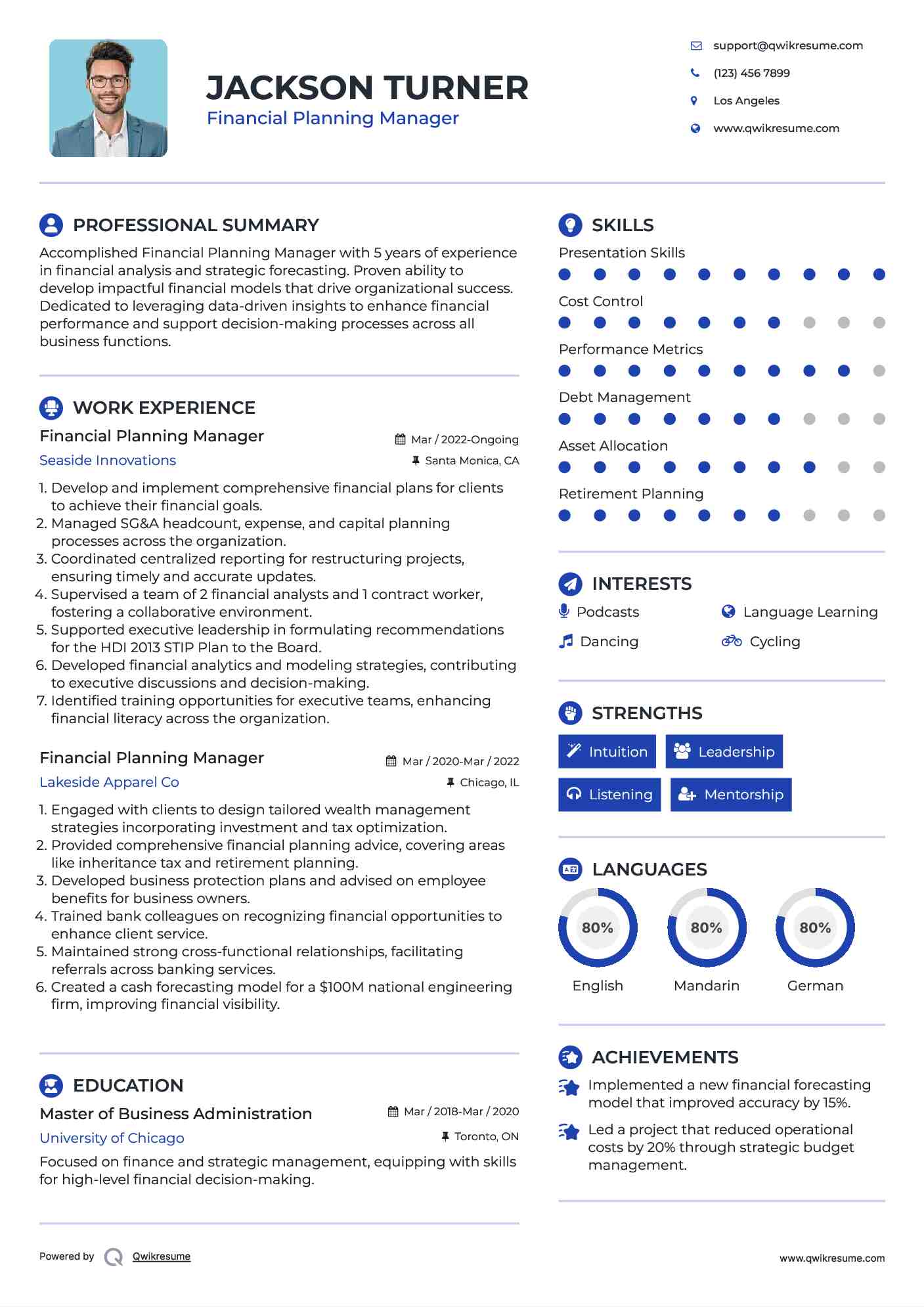 Financial Planning Manager Resume Sample