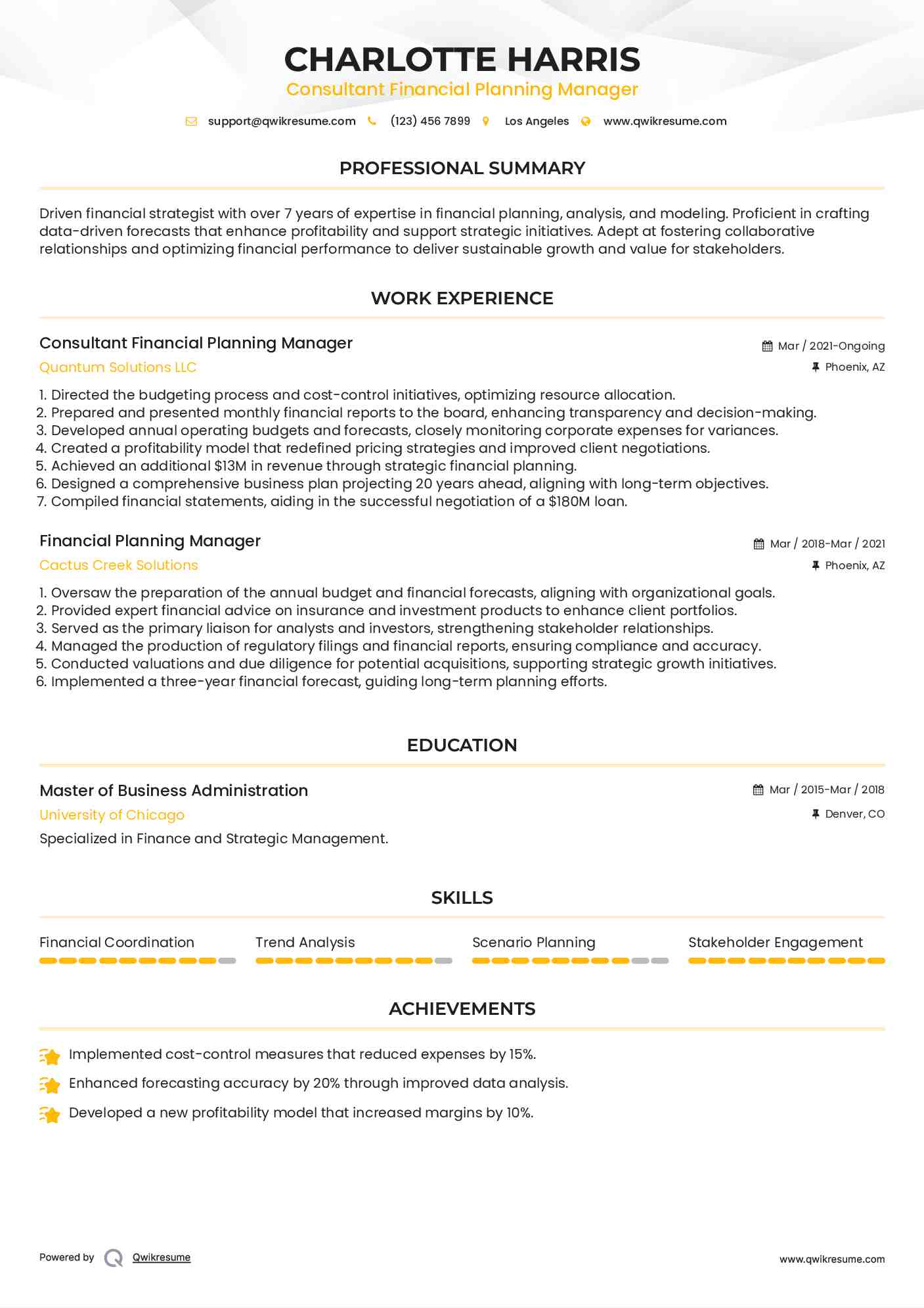 Consultant Financial Planning Manager Resume Template