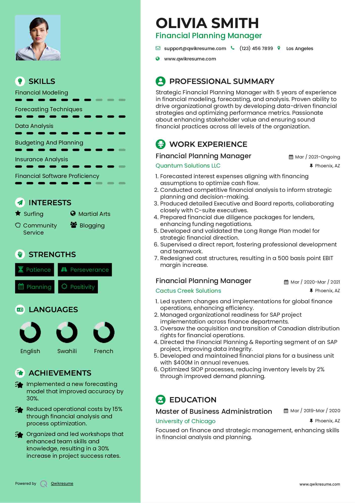 Financial Planning Manager Resume Example