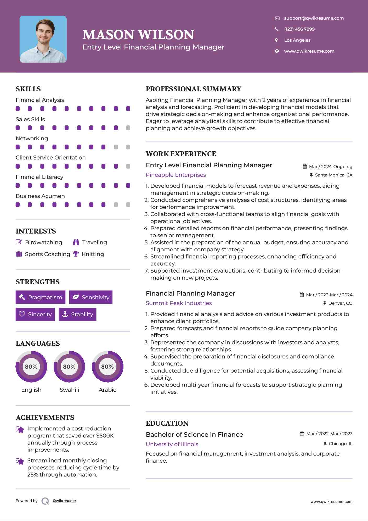 Entry Level Financial Planning Manager Resume Sample