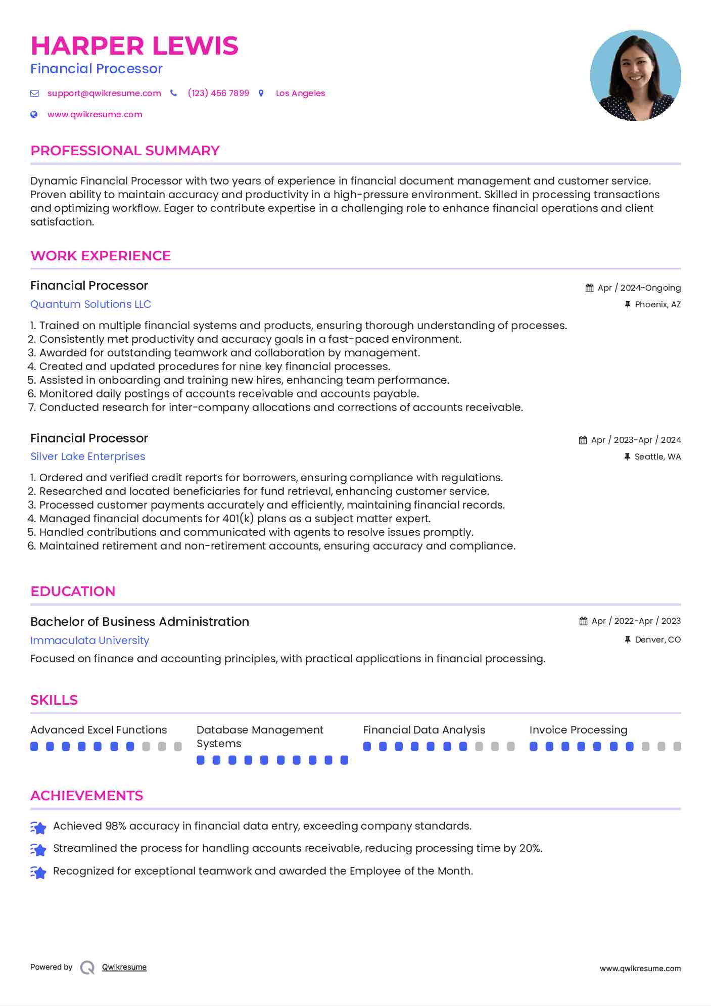 Financial Processor Resume Example