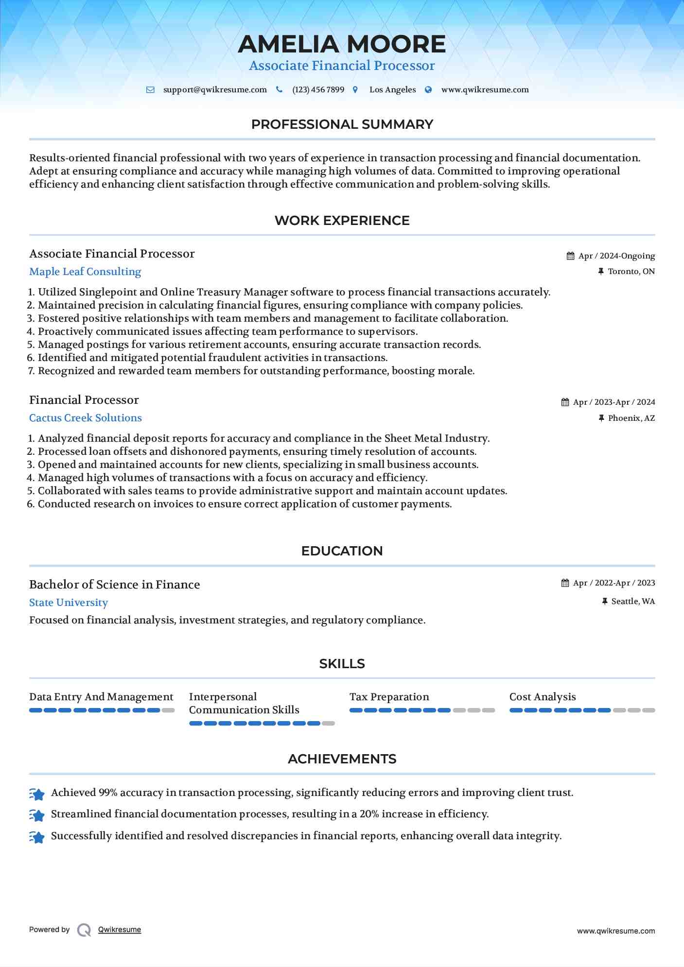 Associate Financial Processor Resume Sample