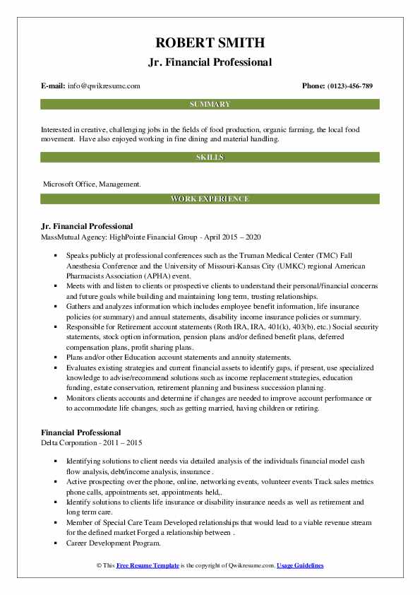 Financial Professional Resume Samples QwikResume