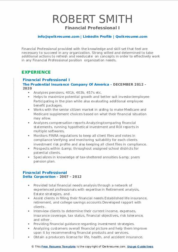 Financial Professional Resume Samples QwikResume
