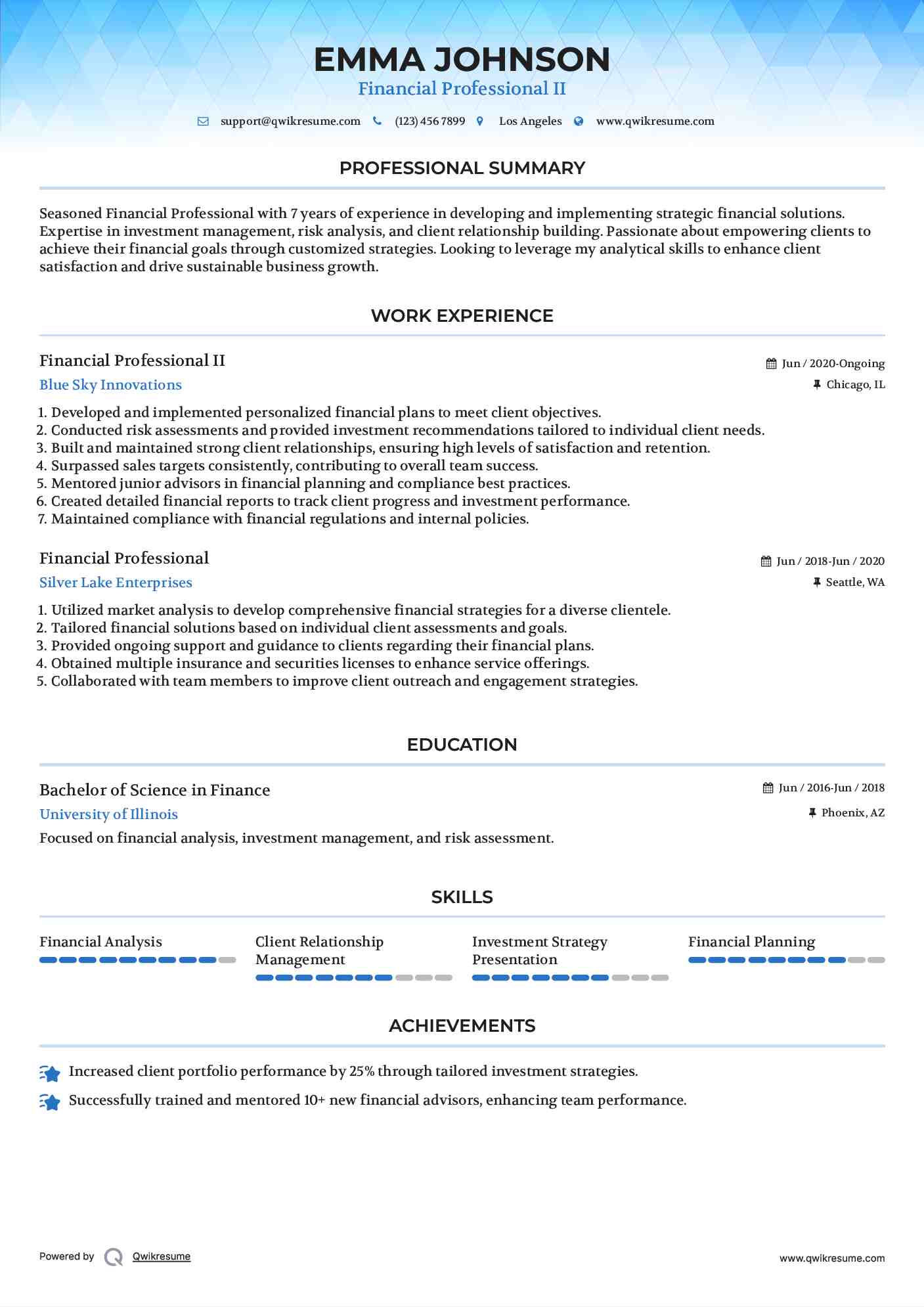 Financial Professional II Resume Model