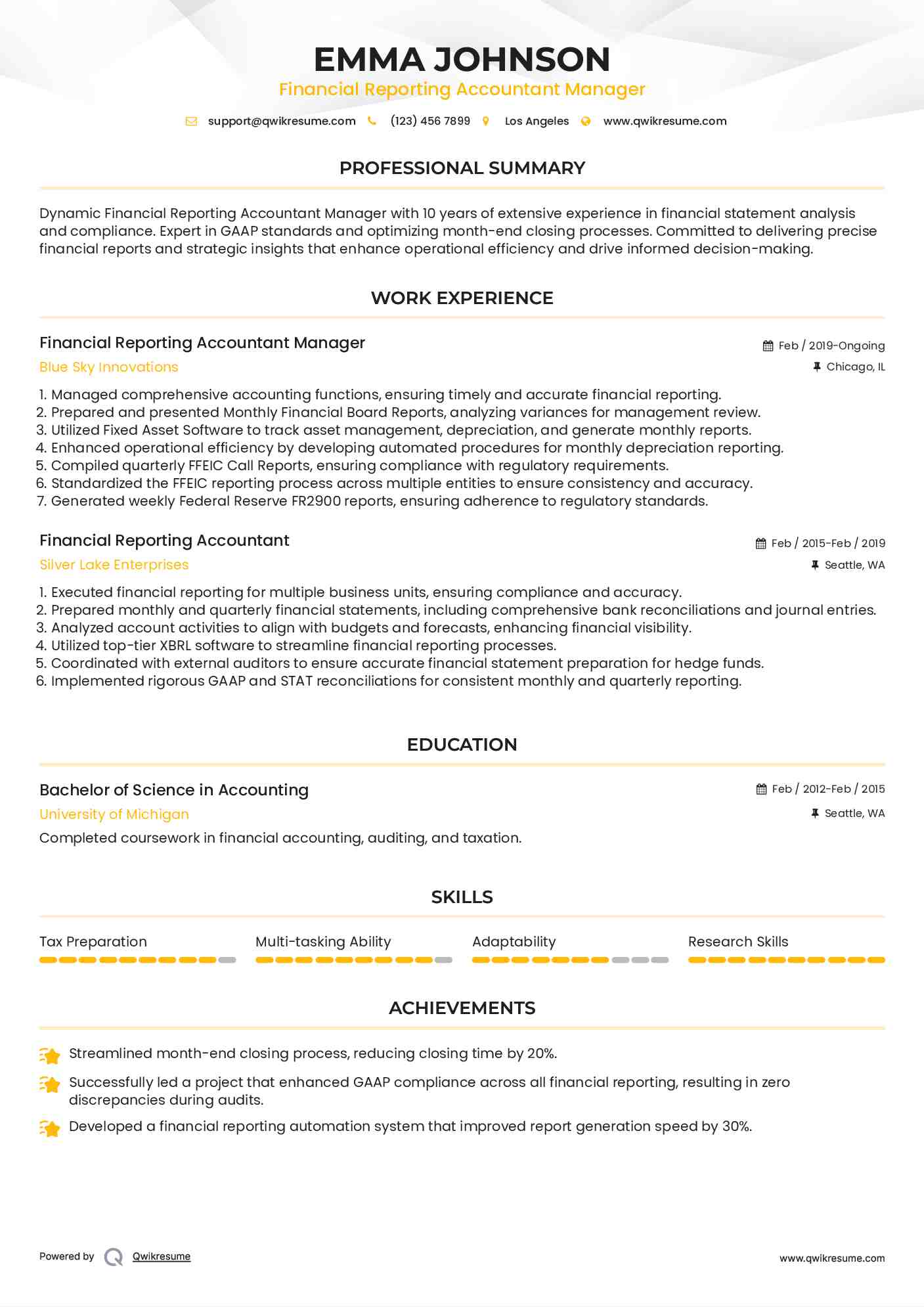 Financial Reporting Accountant Manager Resume Template
