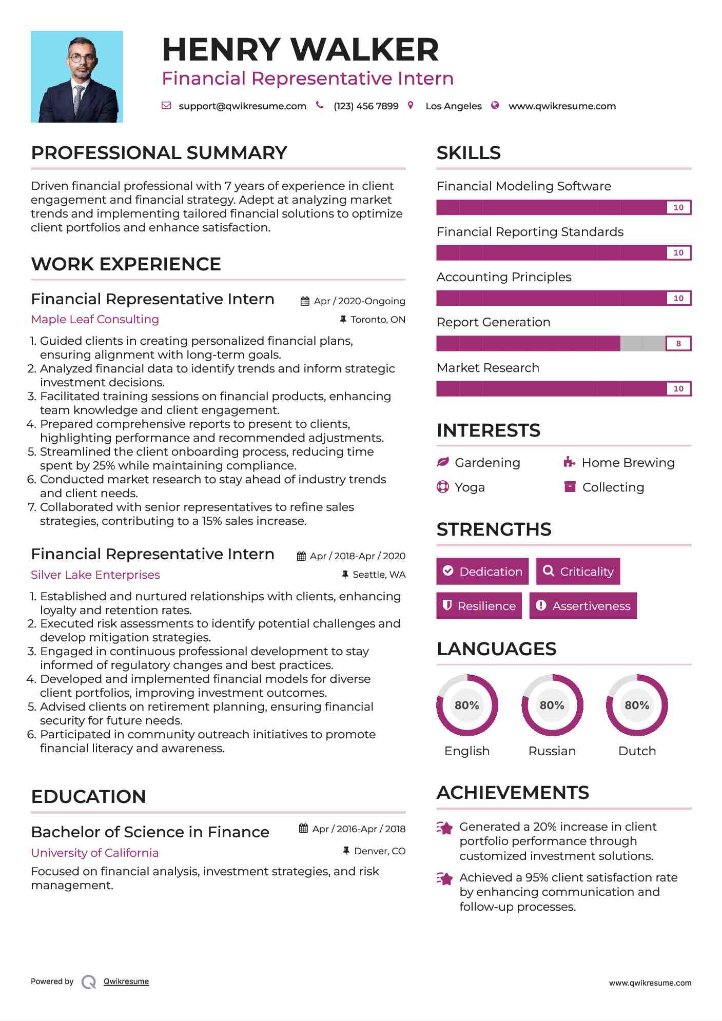 Financial Representative Intern Resume Example