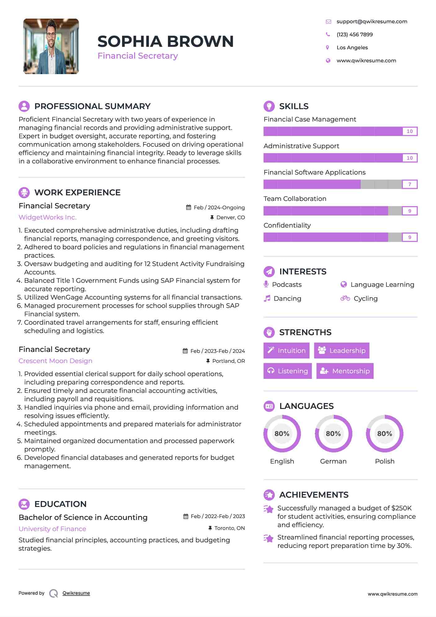 Financial Secretary Resume Samples | QwikResume