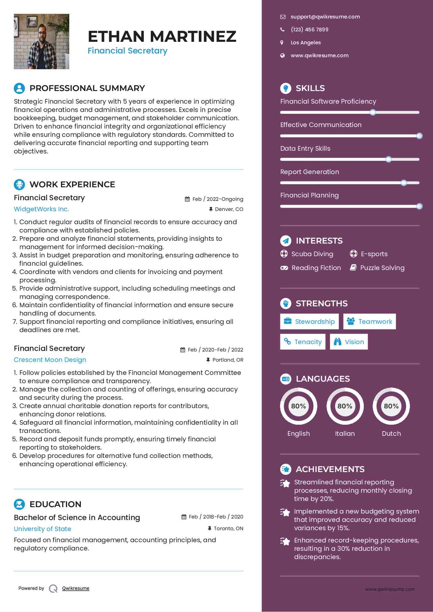 Financial Secretary Resume Example
