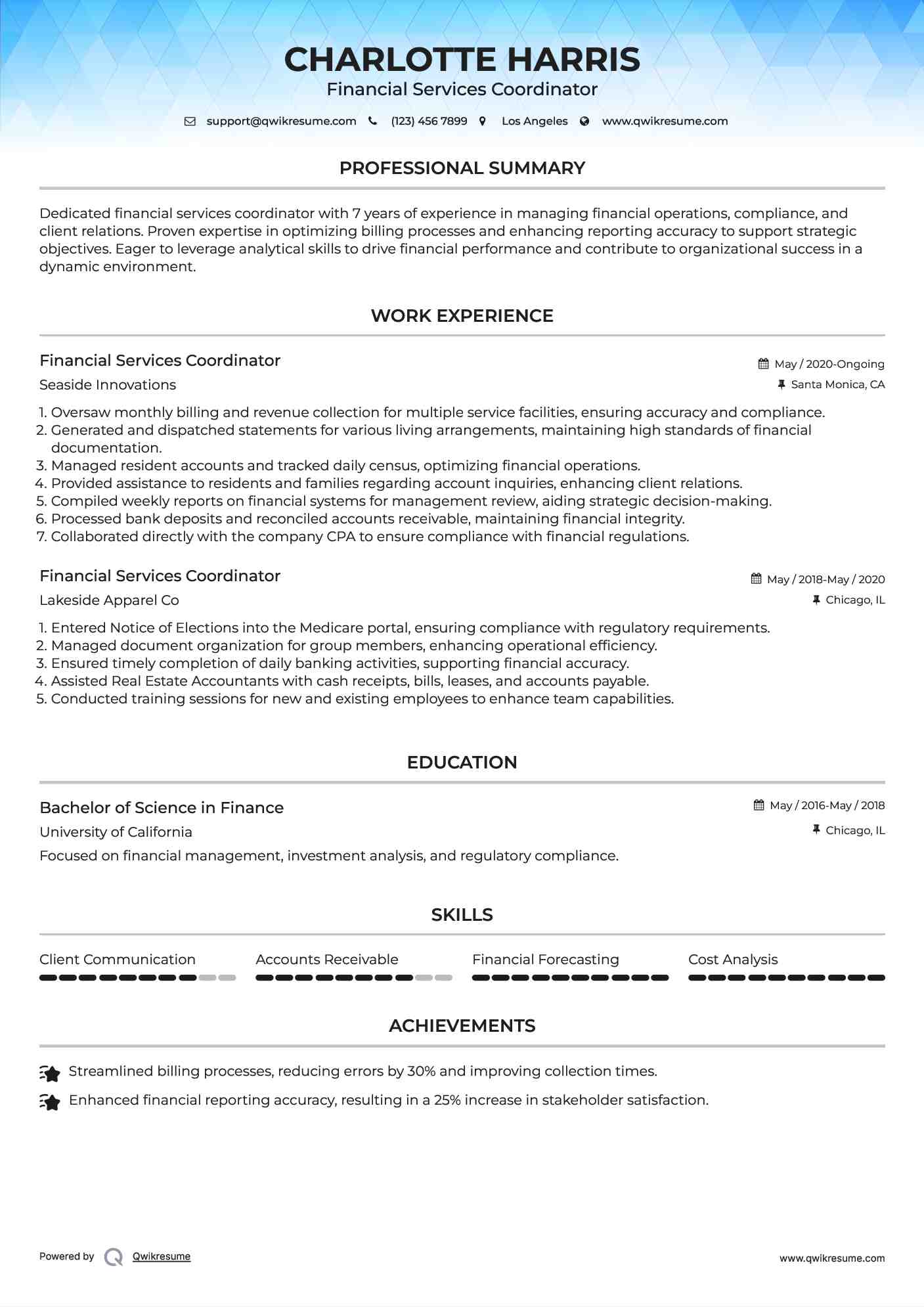 Financial Services Coordinator Resume Model