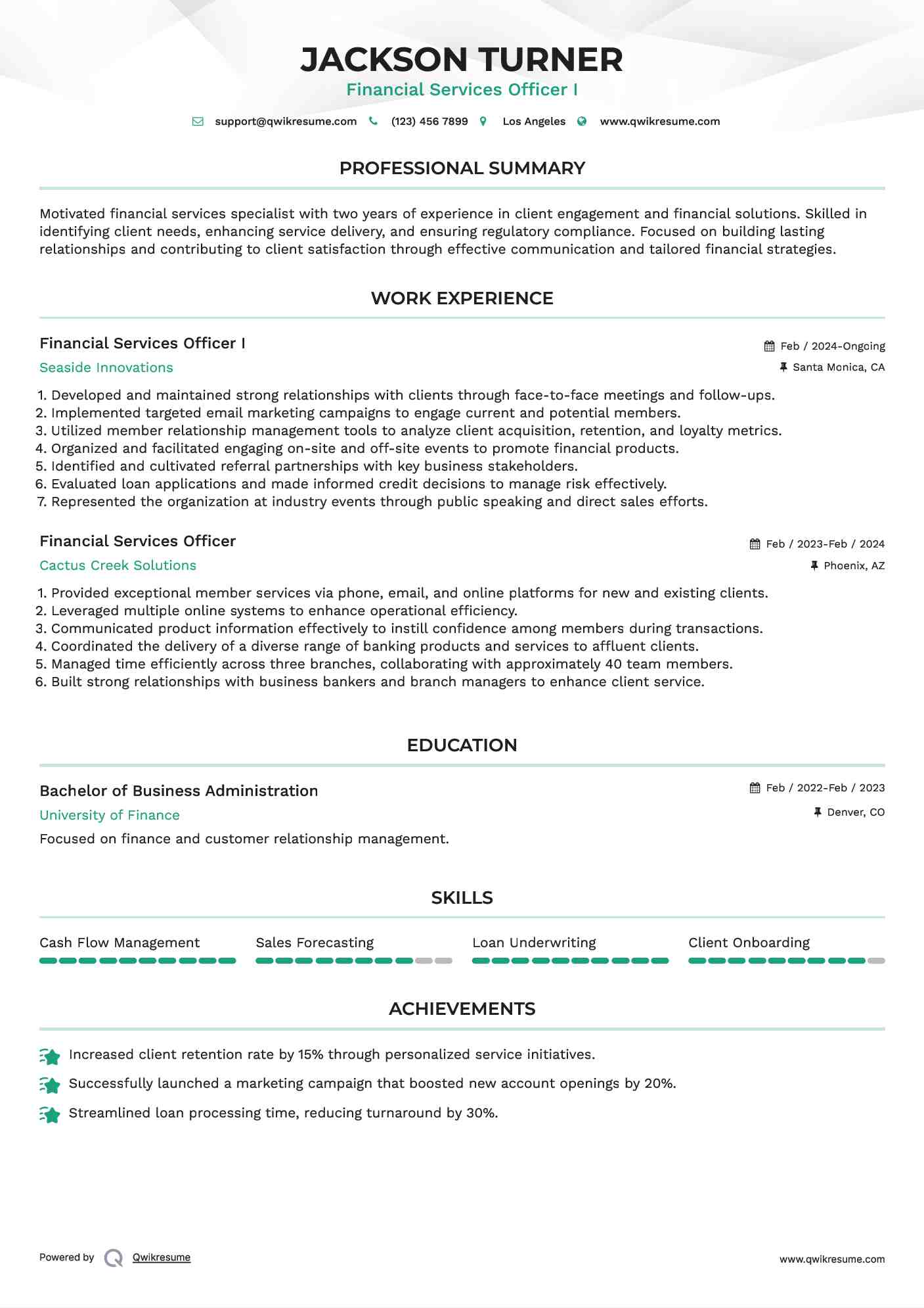 Financial Services Officer I Resume Template