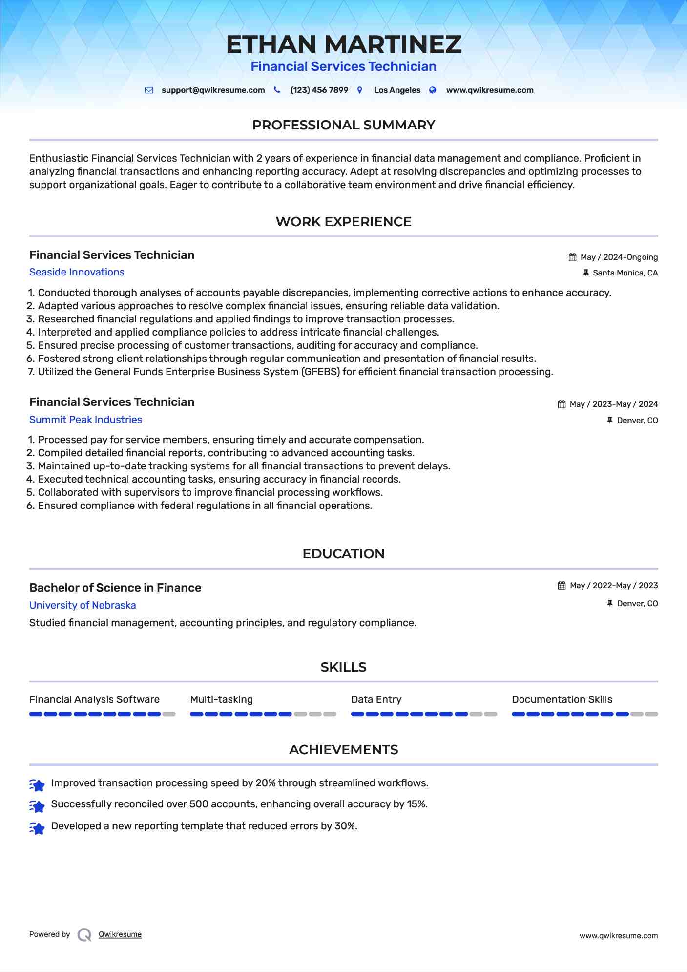 Financial Services Technician Resume Model