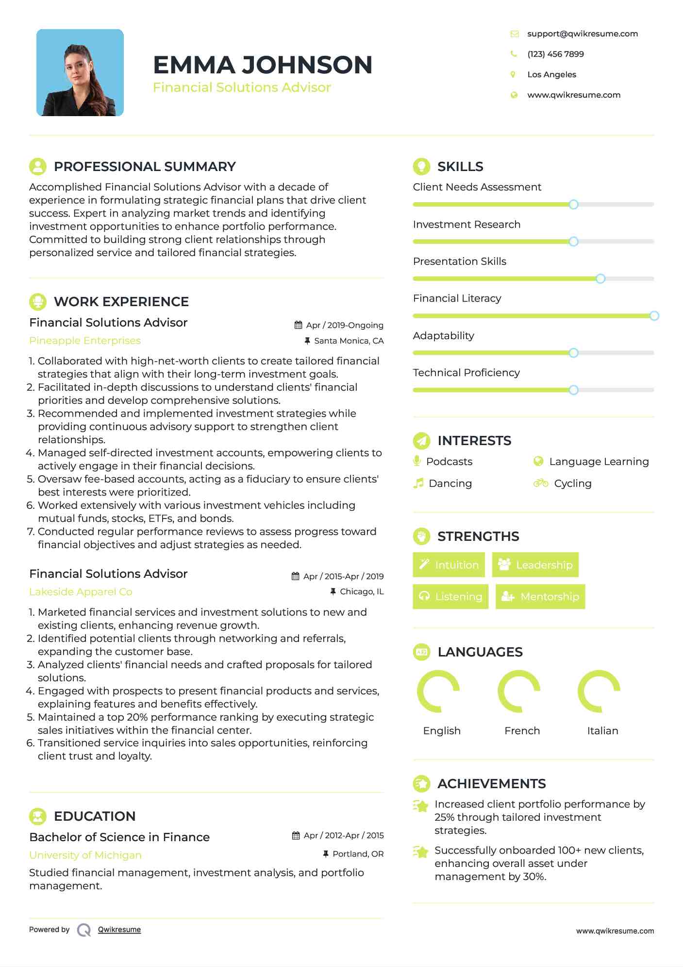Financial Solutions Advisor Resume Model