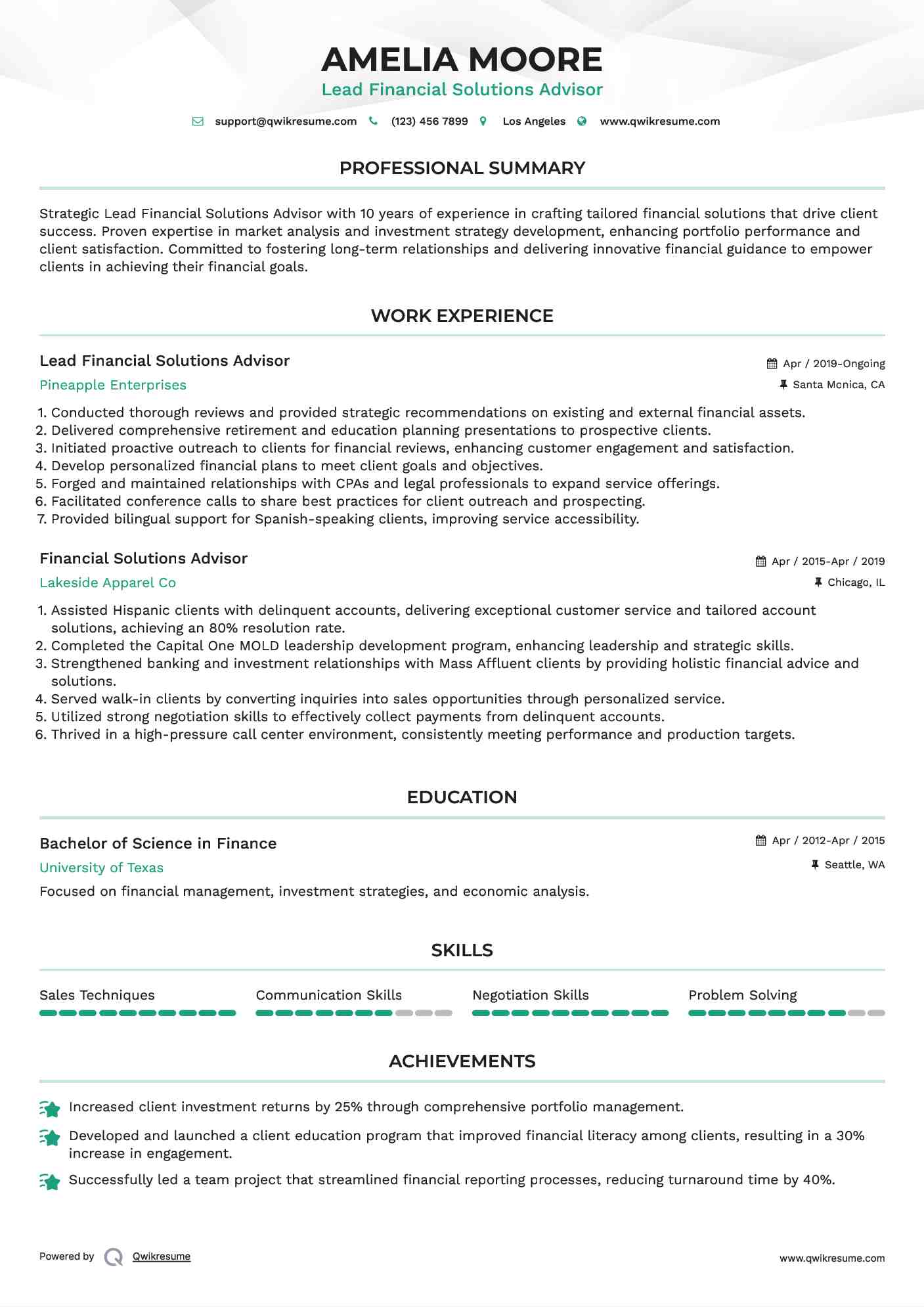 Lead Financial Solutions Advisor Resume Model