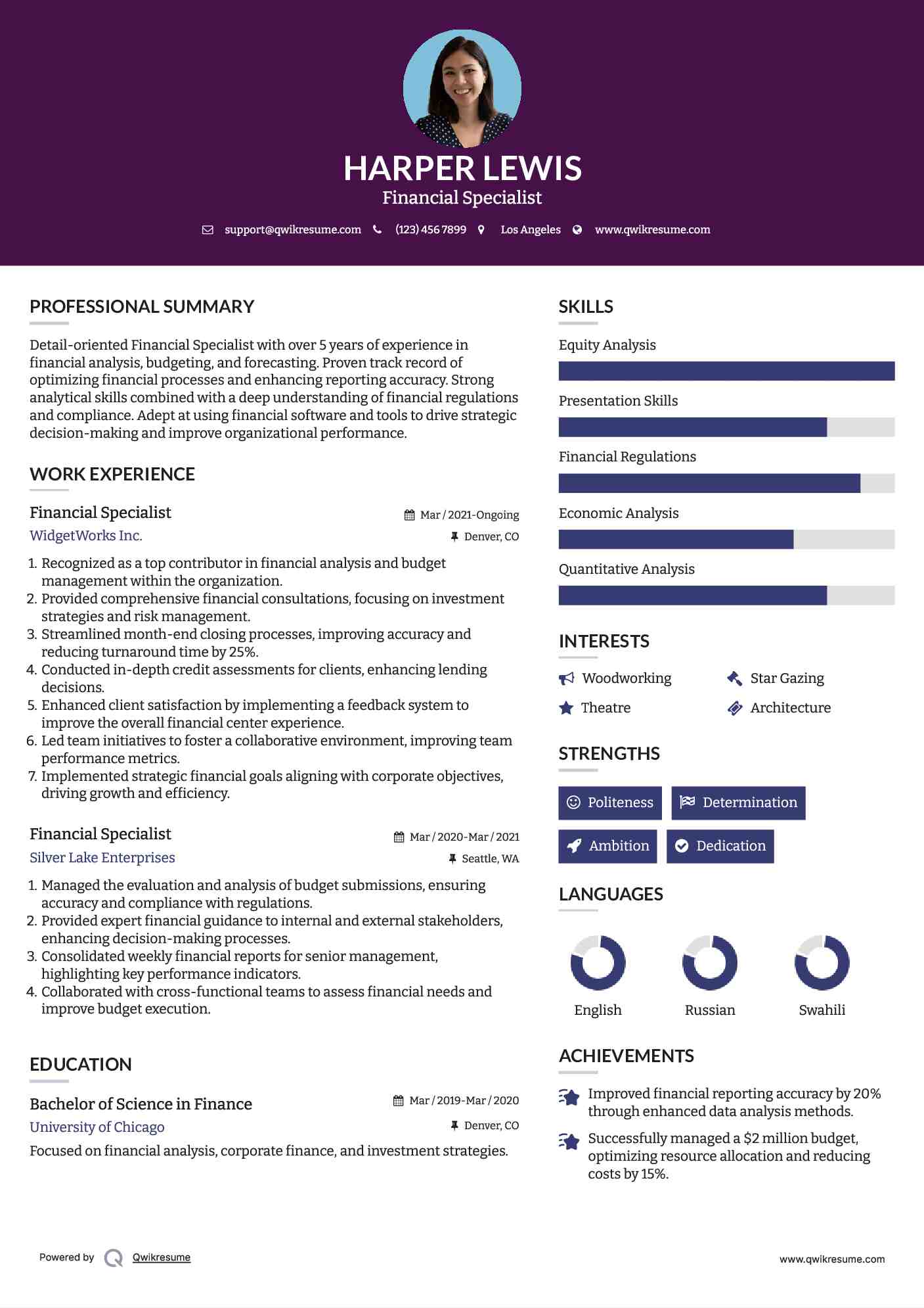 Financial Specialist Resume Sample