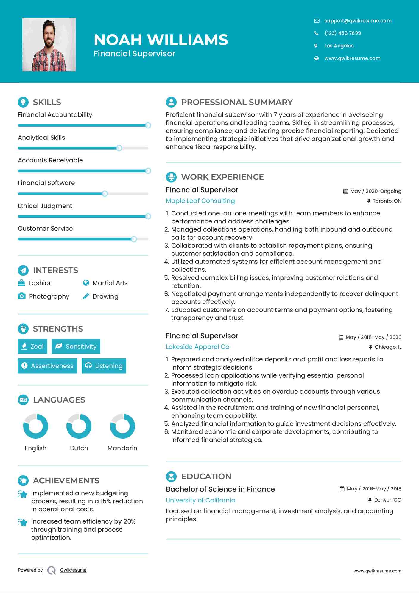 Financial Supervisor Resume Format