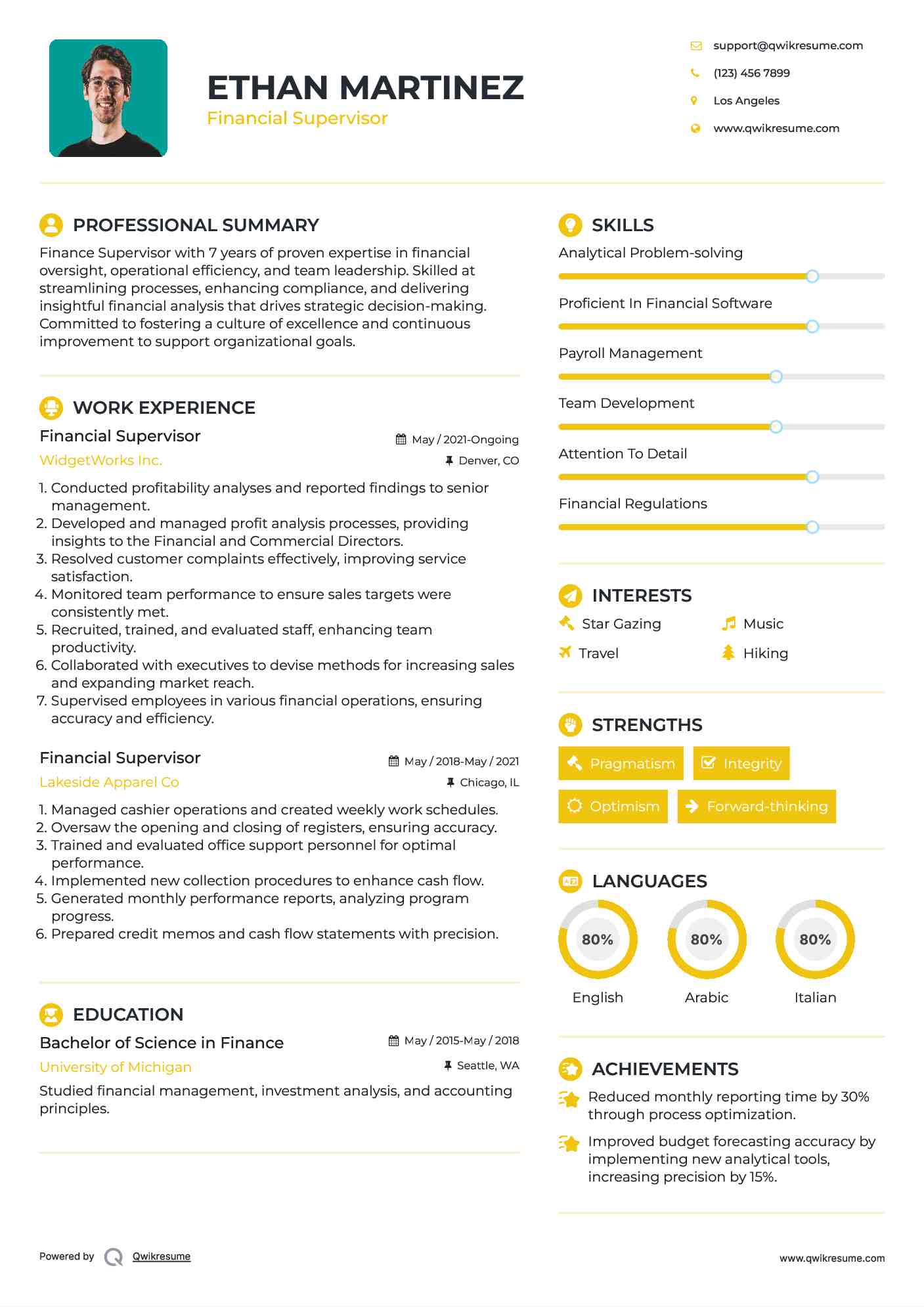 Financial Supervisor Resume Format