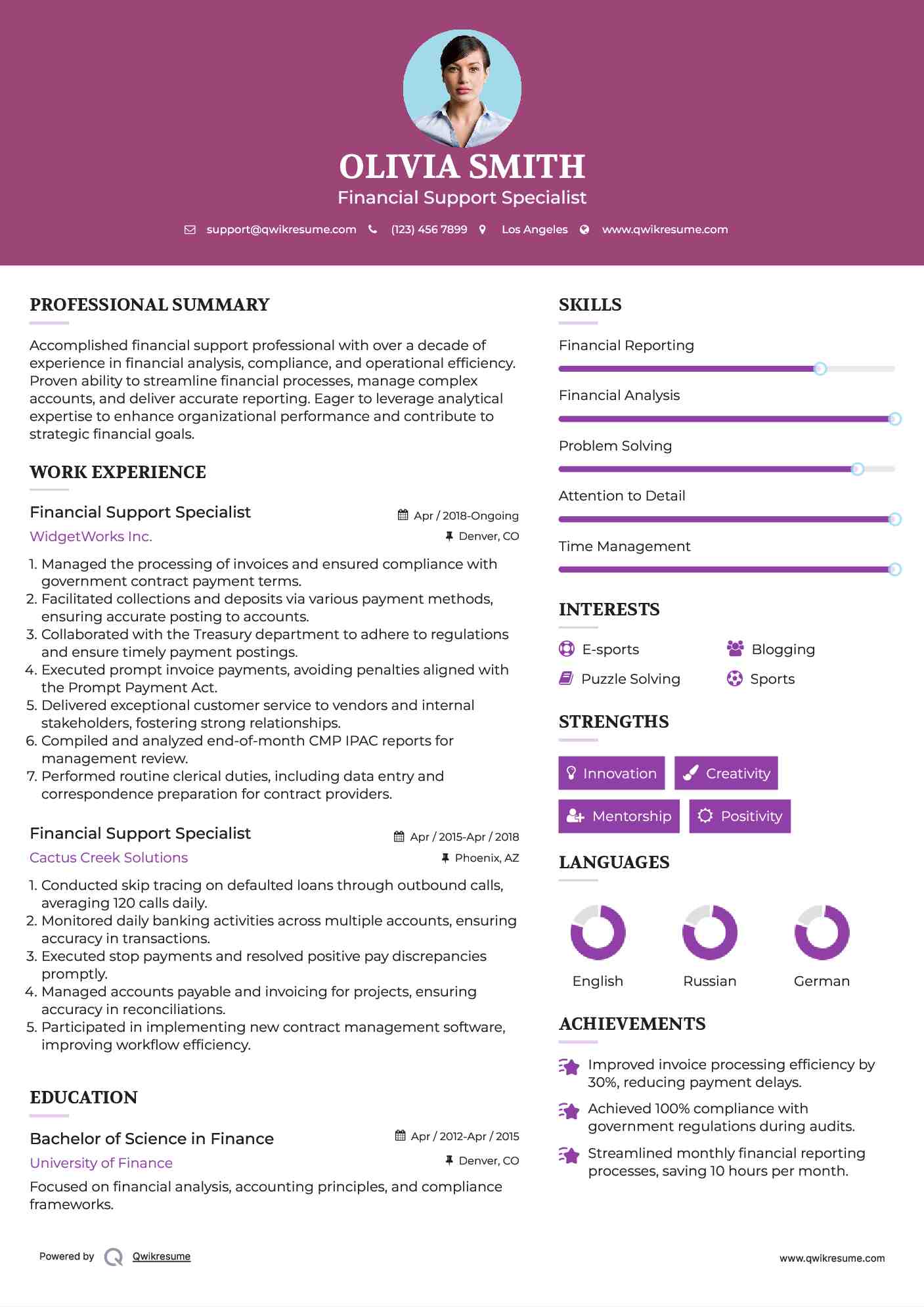 Financial Support Specialist Resume Format